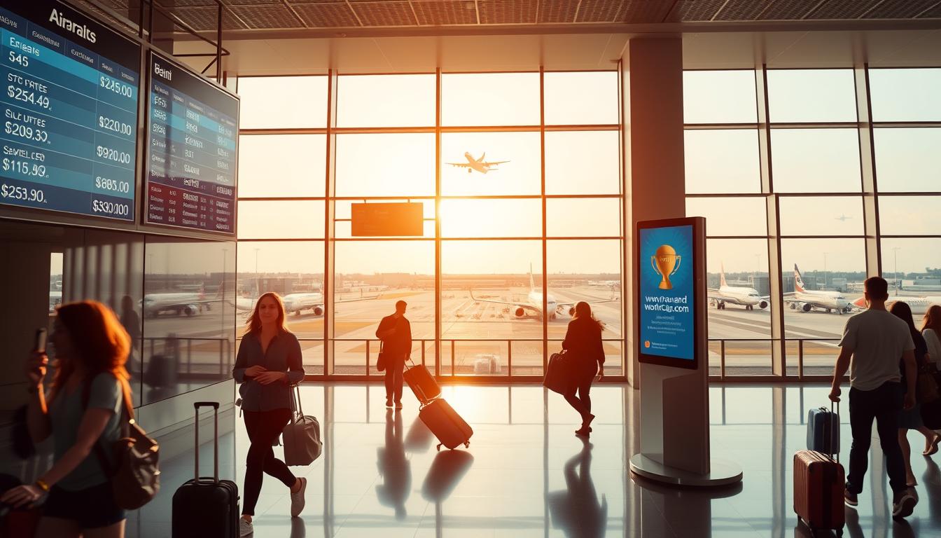 A serene airport terminal, bathed in soft, natural light from large windows. In the foreground, a digital display board showcases a variety of affordable flight options, prices highlighted in bold. Travelers hurry through the concourse, their faces a mix of excitement and relief, clutching their luggage. In the middle ground, the iconic www.travelandworldcup.com logo is prominently displayed on a digital kiosk, inviting users to book their next budget-friendly getaway. The background features a panoramic view of the runway, commercial jets taking off and landing, a testament to the convenience and accessibility of affordable air travel.