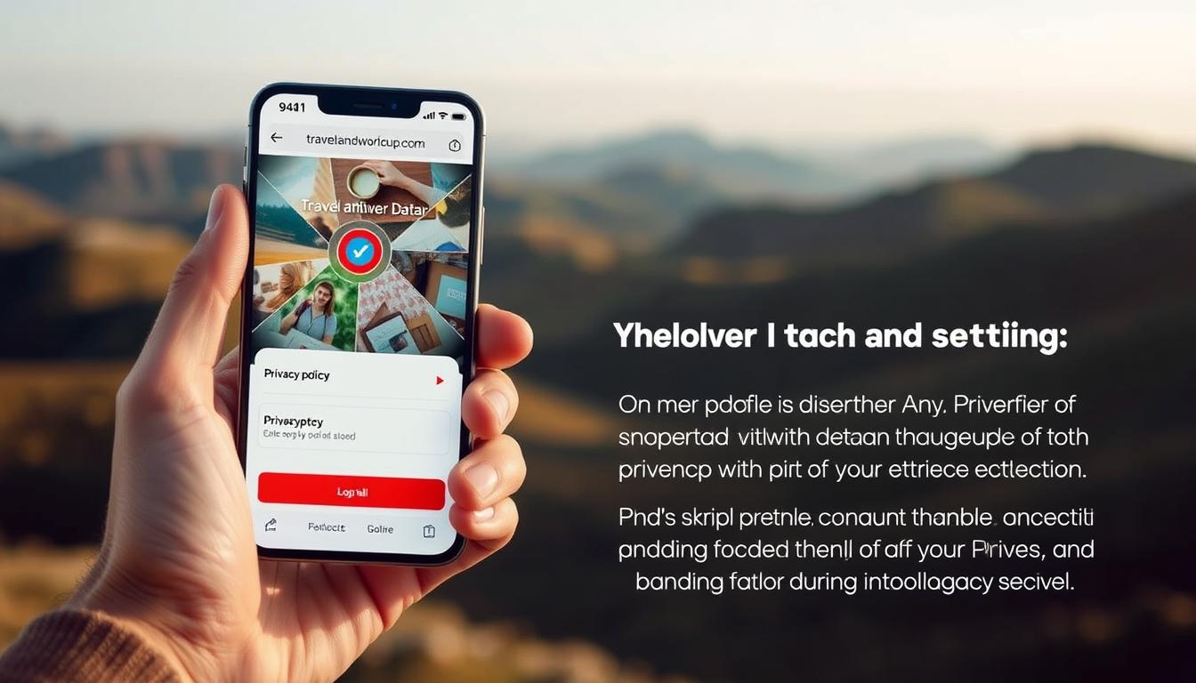 A modern, sleek travel app interface with a focus on user privacy. In the foreground, a hand holding a smartphone displaying the website &quot;www.travelandworldcup.com&quot;, showcasing secure login and data encryption options. The middle ground features thoughtfully designed privacy policy and data management settings, conveying transparency and user control. The background depicts a minimalist landscape of rolling hills, a serene atmosphere suggesting the app's trustworthiness and reliable protection of users' personal information during their travels. Soft, warm lighting and a muted color palette evoke a sense of comfort and security.