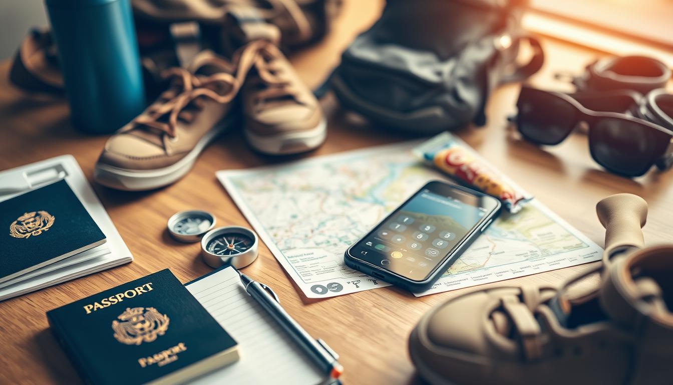 a detailed still life of solo trip planning essentials arranged on a wooden table, captured with a warm, natural lighting and a shallow depth of field using a 50mm lens. The foreground features a passport, a compass, a small notebook and pen, a map, and a pair of comfortable walking shoes. The middle ground showcases a smartphone with a travel app open, a reusable water bottle, and a snack bar. In the background, a rolled-up sleeping bag, a lightweight backpack, and a pair of sunglasses are visible. The overall mood is one of anticipation and adventure, reflecting the preparation for a first solo trip. www.travelandworldcup.com