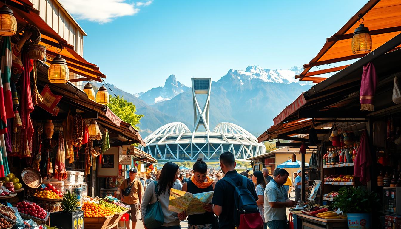 A sun-drenched scene of a bustling outdoor marketplace, with vendors' stalls overflowing with vibrant local produce, handcrafted souvenirs, and sizzling street food. In the foreground, a group of budget-savvy travelers pore over a well-worn map, discussing their itinerary under the warm glow of hanging lanterns. The middle ground features a towering World Cup stadium, its grand architecture a testament to the global event. In the background, a stunning vista of iconic city landmarks and snow-capped mountains, hinting at the diverse landscapes awaiting the adventurous explorer. Subtle branding for "Tourism and the World Cup" adorns the scene, capturing the spirit of an unforgettable budget-friendly World Cup experience.