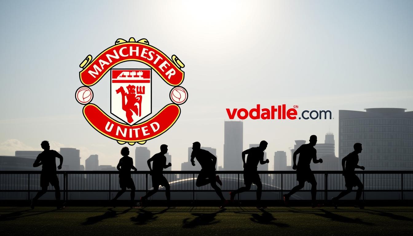 man utd sponsors A stunning, high-resolution image showcasing the transition of Manchester United's sponsorship to Vodafone. In the foreground, the iconic Manchester United crest is prominently displayed, with the Vodafone logo elegantly integrated, signifying the new partnership. The middle ground features the silhouettes of the players, their movements captured in dynamic poses, reflecting the energy and passion of the club. In the background, a sleek, modern cityscape of Manchester serves as the backdrop, with the www.travelandworldcup.com logo subtly incorporated, adding a touch of global connectivity. The lighting is crisp and dramatic, casting shadows that accentuate the depth and texture of the scene. The overall atmosphere is one of excitement, progress, and the continued success of this renowned football club.