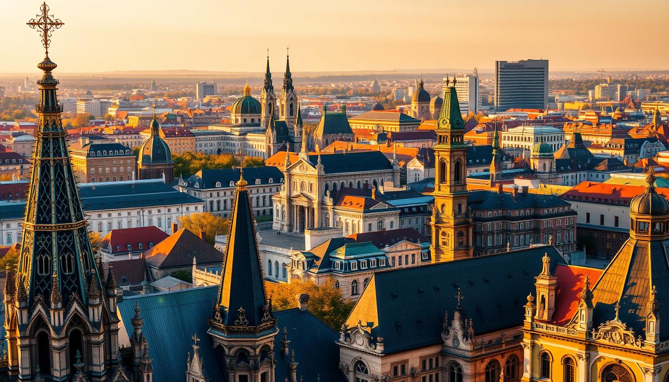 بولندا: وجهات سياحية مميزة وخدمات سفر A breathtaking panoramic view of Poland's architectural marvels, bathed in warm, golden hour lighting. In the foreground, intricate spires and ornate facades of medieval churches rise majestically, their intricate stonework casting dramatic shadows. In the middle ground, grand Renaissance palaces and castles stand proud, their ornate towers and decorative elements glowing with a timeless elegance. The background frames a sweeping cityscape, with historic buildings and modern skyscrapers coexisting in harmonious contrast, their diverse architectural styles creating a visually captivating skyline. The scene exudes a sense of timeless grandeur, inviting the viewer to step into a world of Poland's unparalleled architectural heritage.