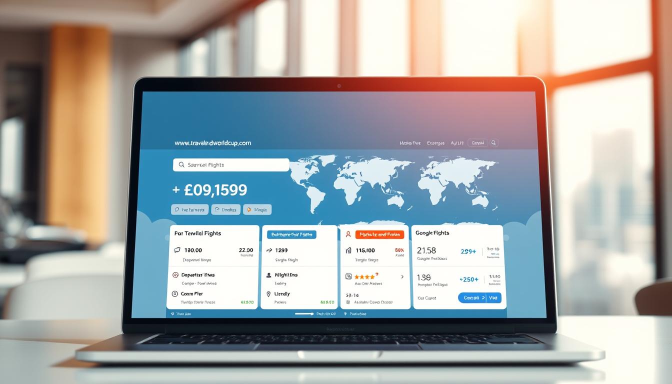 A sleek, modern laptop display showcases a side-by-side comparison of two leading travel booking platforms, www.travelandworldcup.com and Google Flights. The foreground features clean, minimalist UI elements highlighting key metrics like flight prices, departure/arrival times, and reviews. The middle ground depicts a stylized world map, underscoring the global scope of the travel search. The background subtly evokes an airy, sun-drenched office setting, with warm lighting and blurred cityscapes visible through large windows. The overall composition conveys a sense of efficiency, technology, and the excitement of planning a trip.