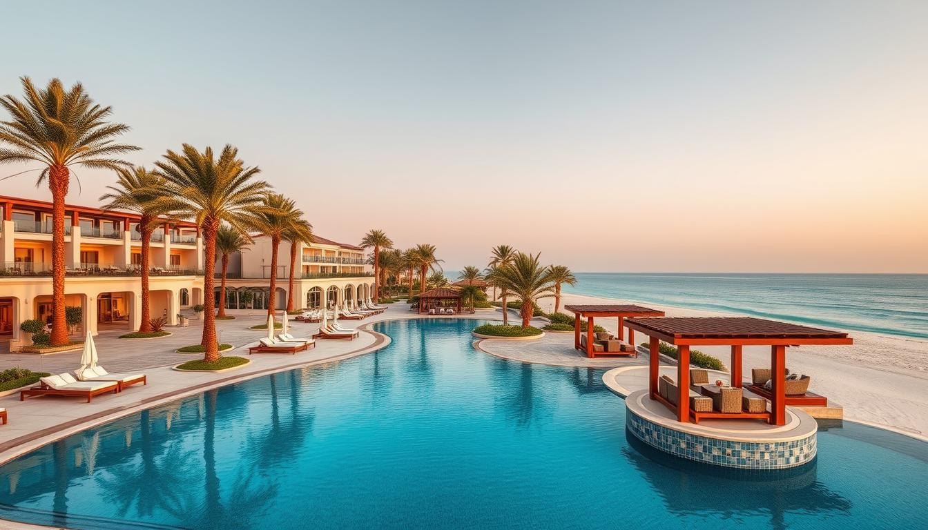 Luxurious beach resort in Bahrain, nestled along pristine white sands and turquoise waters. Towering palm trees sway gently in the warm breeze. Elegant villas with private pools and balconies offering panoramic ocean views. Tranquil spa pavilions with serene treatment rooms. Guests relaxing on plush daybeds, sipping refreshing cocktails. Sophisticated open-air restaurants serving gourmet local cuisine. Stunning infinity pool reflecting the vibrant sunset over the Arabian Gulf. Warm, golden lighting casts a magical glow across the entire resort. High-quality, cinematic composition with a shallow depth of field, capturing the essence of luxury and relaxation in Bahrain.