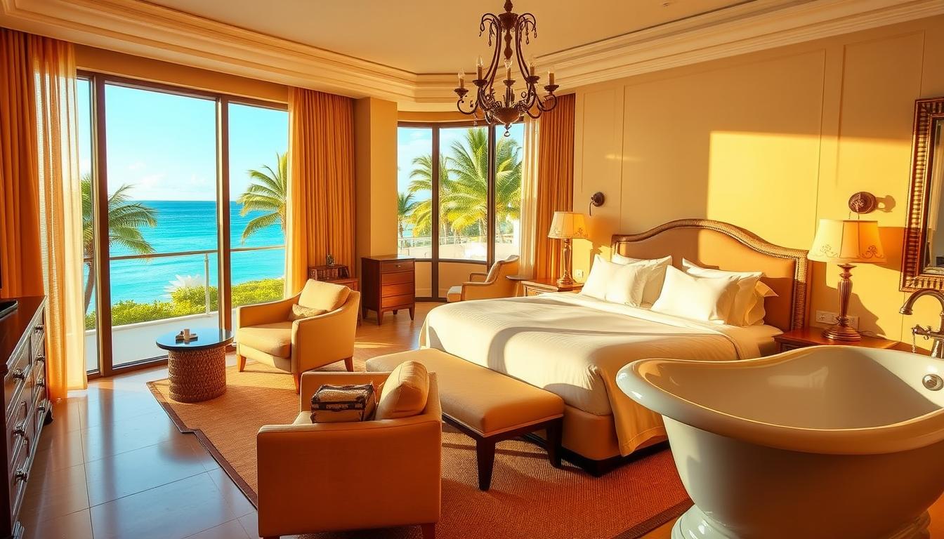 A luxurious all-inclusive resort room bathed in warm, golden lighting. Plush king-sized bed draped in crisp, white linens and a cozy sitting area with a large, comfortable sofa. Expansive floor-to-ceiling windows offer breathtaking views of the turquoise ocean and swaying palm trees. Elegant furnishings, including a wooden dresser and sleek side tables, create an atmosphere of refined sophistication. Soft, ambient lighting from tasteful sconces and a ornate chandelier overhead. Pristine en-suite bathroom with a claw-foot tub and high-end fixtures. The room exudes tranquility and indulgence, perfect for a relaxing all-inclusive vacation. www.travelandworldcup.com