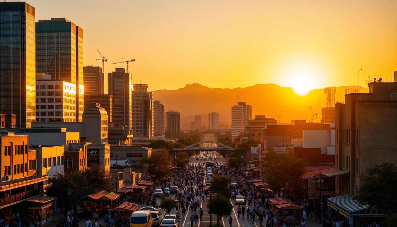 tourist attractions in south africa Johannesburg city skyline at golden hour, the sun casting a warm glow on the modern skyscrapers and historic buildings. In the foreground, bustling streets teeming with people, vibrant street markets, and lively cafes reflecting the city's energetic pulse. The middle ground reveals the iconic Nelson Mandela Bridge, symbolizing the story of freedom and transformation. In the background, the dramatic Magaliesberg mountain range provides a majestic backdrop, hinting at the natural beauty that surrounds this urban hub. The overall atmosphere is one of dynamism, diversity, and a city that embraces its past while boldly stepping into the future.