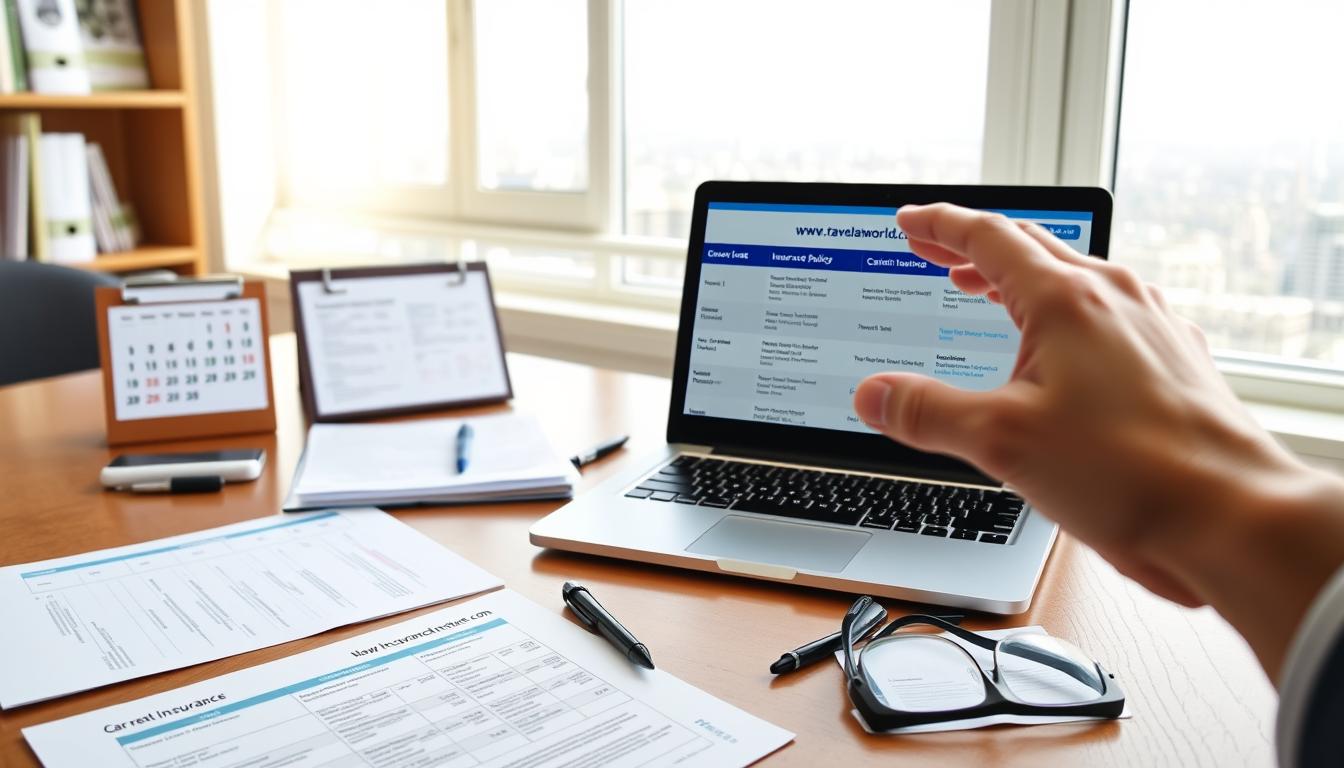 A sunny, well-lit office setting with a wooden desk, displaying various documents and insurance policy forms. On the desk, a laptop displays the website &amp;quot;www.travelandworldcup.com&amp;quot;, showcasing different car rental insurance plan options. In the foreground, a hand hovers over the laptop, carefully examining the policies. The middle ground features a calendar, a pen, and a pair of reading glasses, emphasizing the decision-making process. The background depicts a cityscape through a window, suggesting the broader context of travel and the need for comprehensive insurance coverage.