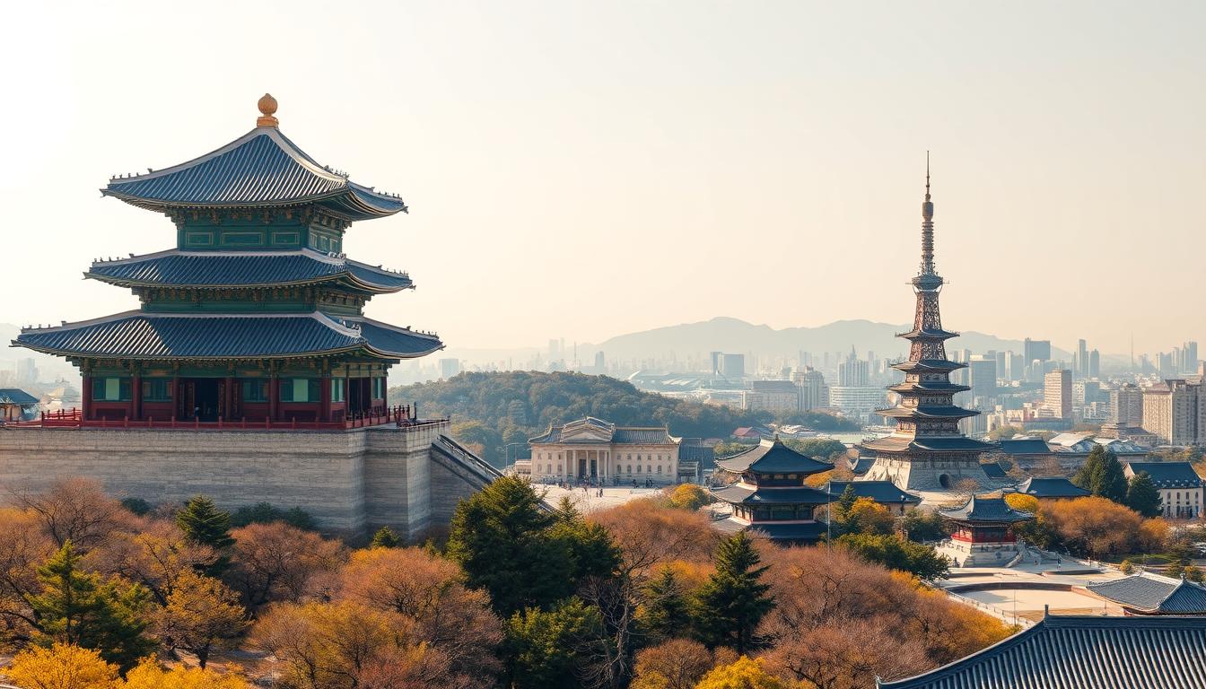 A panoramic view of South Korea's iconic tourist attractions, captured with a wide-angle lens and natural lighting. In the foreground, the towering Gyeongbokgung Palace stands majestically, its grand architecture and intricate details accentuated by the warm glow of the sun. In the middle ground, the serene Changdeokgung Palace and its lush, landscaped gardens create a serene backdrop. Farther in the distance, the striking silhouette of the N Seoul Tower emerges, overlooking the bustling cityscape below. The image exudes a sense of cultural richness, historical significance, and the alluring natural beauty that defines South Korea's most captivating tourist destinations.