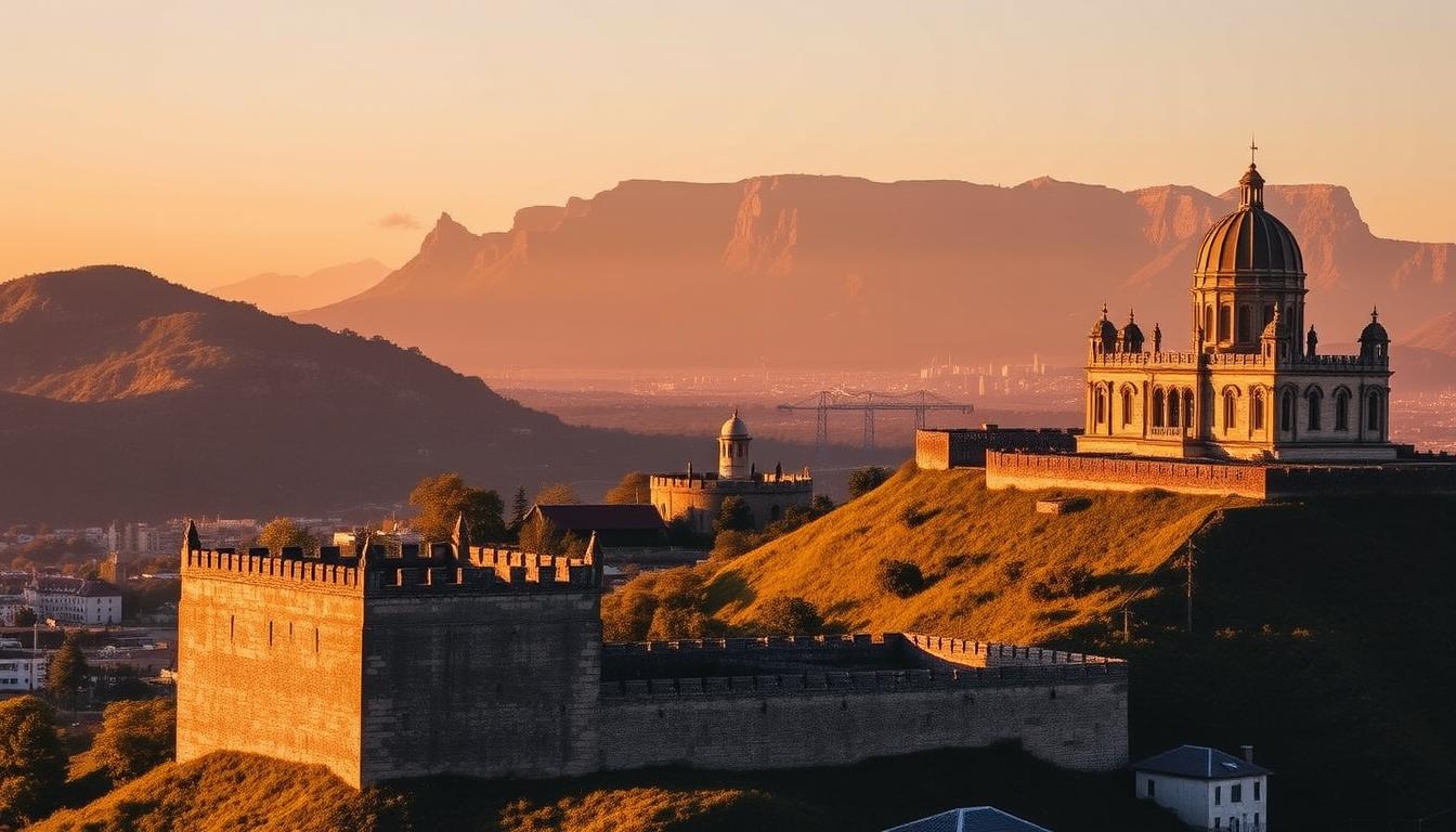 جنوب أفريقيا: دليل شامل للمسافرين إلى أهم المدن والمعالم السياحية A majestic vista of South Africa's historic landmarks, captured in rich hues and intricate details. In the foreground, the iconic Castle of Good Hope stands tall, its sturdy walls and ornate architecture reflecting the region's colonial past. In the middle ground, the striking silhouettes of Table Mountain and the iconic Kirstenbosch Botanical Gardens create a stunning backdrop. The image is bathed in warm, golden light, evoking a sense of timeless grandeur and the enduring spirit of this remarkable country. The composition is balanced, with a harmonious blend of architectural wonders and natural splendor, inviting the viewer to explore the rich tapestry of South Africa's historic and cultural heritage.