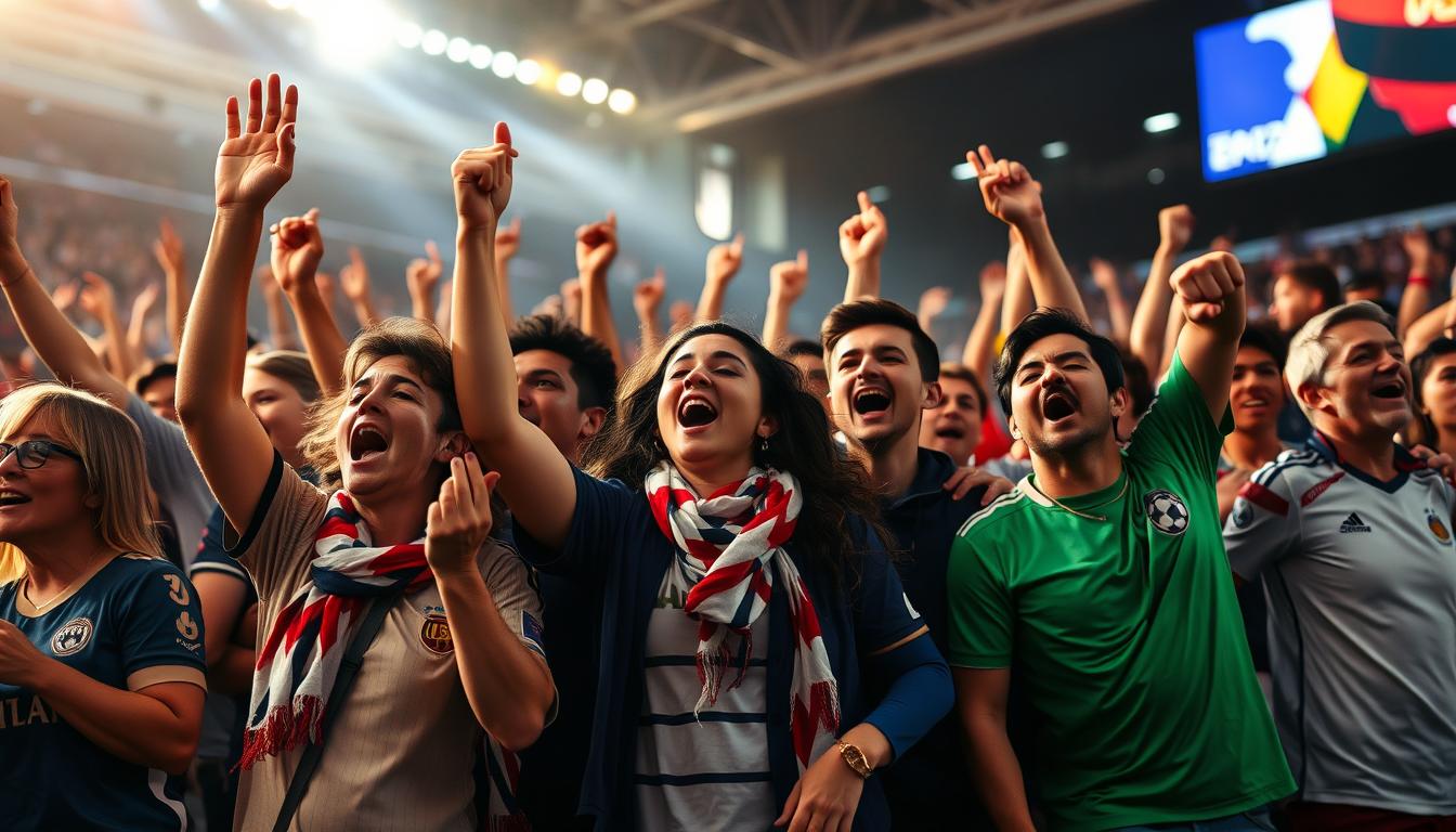 Generate an image of a diverse group of soccer fans cheering at a match.