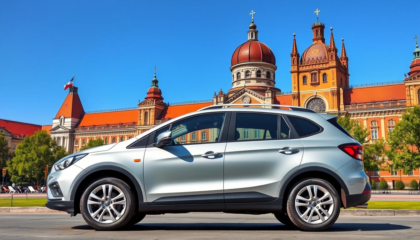 Image of a rental car in front of a Polish landmark