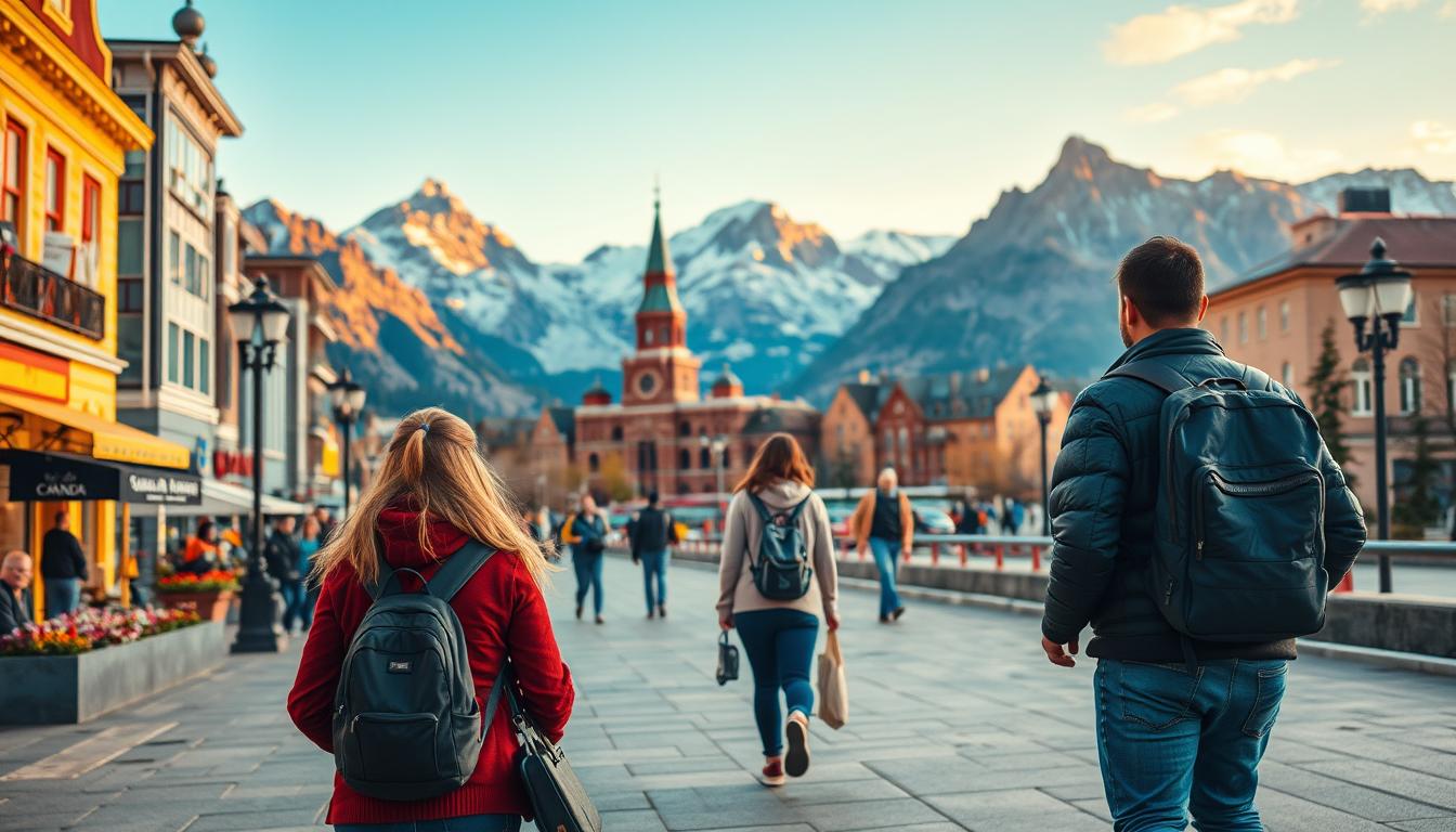 Canada local travel services: Discover the vibrant landscape and vibrant culture of Canada through the lens of a local. Stroll through picturesque cityscapes, exploring hidden gems curated by https://www.travelandworldcup. in the foreground. In the middle ground, see travelers seamlessly navigating their journeys with the help of services like Trip.com, Welcome Pickups, Yesim, AirHelp, and Hotellook. The background showcases the majestic natural wonders that make Canada a renowned destination. Warm lighting and a cinematic perspective evoke a sense of wonder and adventure, perfectly capturing the &quot;Enhance Your Trip with Local Services&quot; experience.