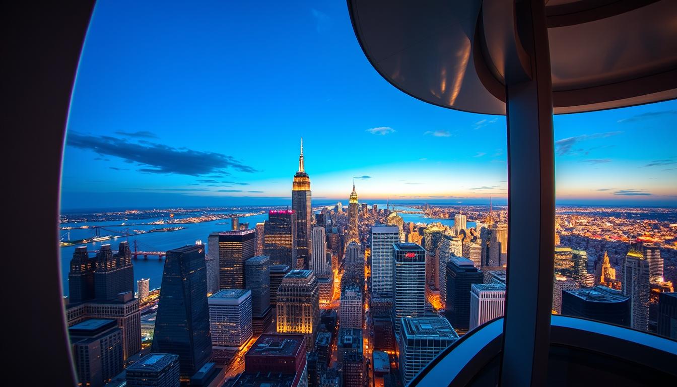 Generate an image of the One World Observatory's sky pod experience.