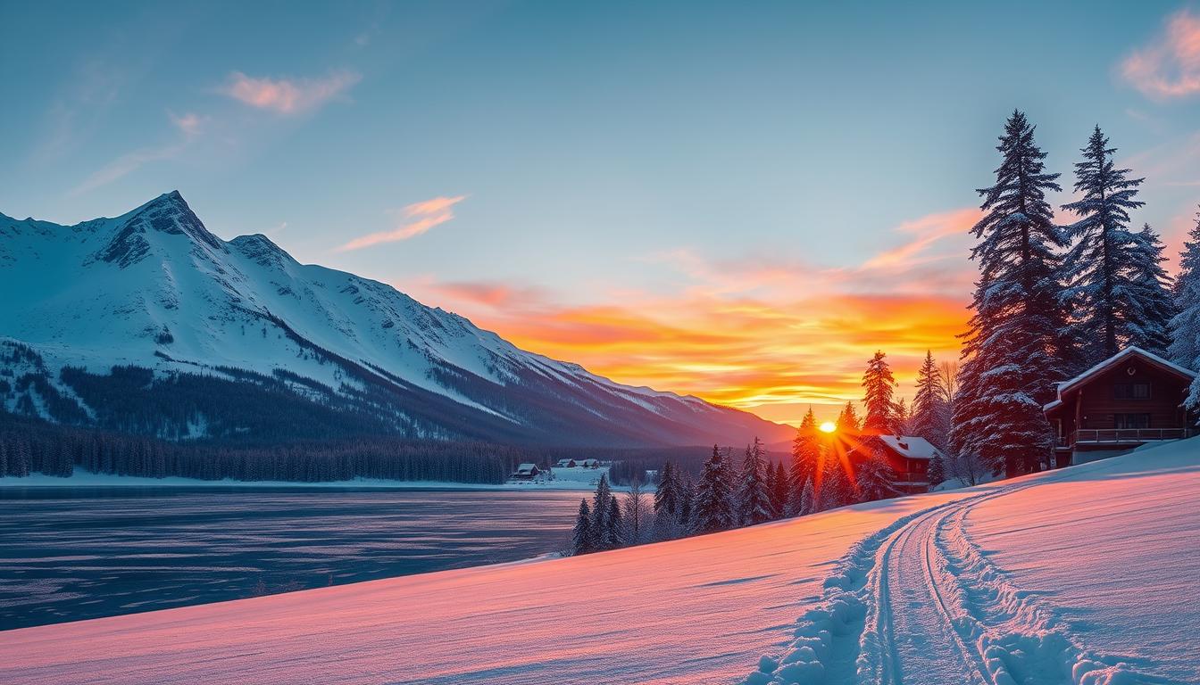 Stunning winter landscapes for 2025: a serene snowy wonderland with majestic snow-capped mountains in the background, their peaks piercing the clear azure sky. In the foreground, a picturesque frozen lake reflects the vibrant colors of a breathtaking sunset, its surface adorned with delicate ice crystals. Cozy alpine chalets nestle among the towering pines, their warm lighting casting a soft glow over the scene. A groomed ski trail winds its way through the pristine white expanse, inviting adventurous travelers to explore the pristine winter wonderland. The overall atmosphere exudes a sense of tranquility, wonder, and the perfect blend of natural beauty and human-crafted charm.