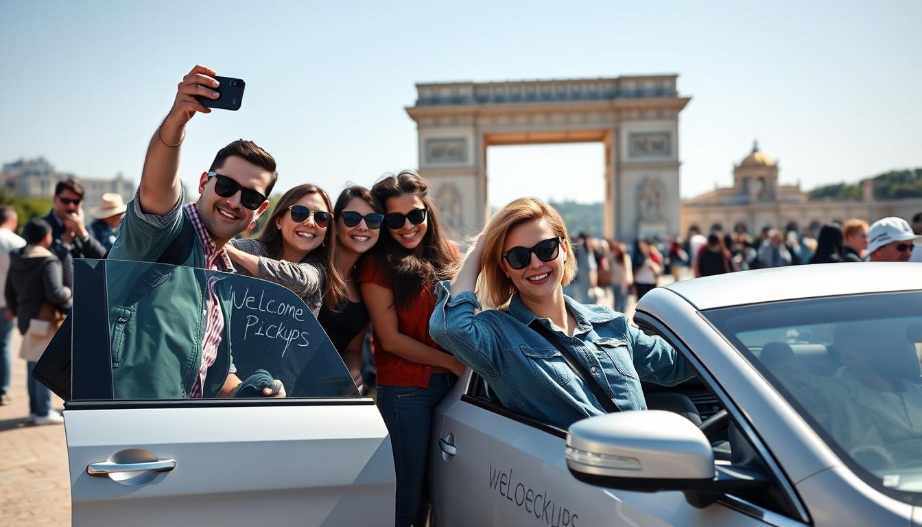 Happy travelers with Welcome Pickups driver at popular tourist destination