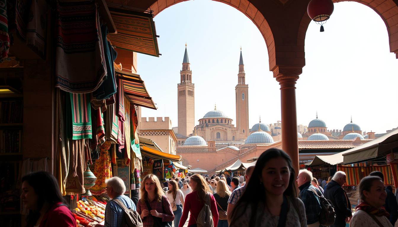 A vibrant Moroccan marketplace, bustling with colorful stalls, intricate textiles, and fragrant spices. In the foreground, a group of travelers explore the lively scene, their faces lit by the warm, golden light filtering through the archways. In the background, towering minarets and domed roofs of historic buildings create a captivating skyline, evoking the country's rich cultural heritage. The atmosphere is one of discovery and adventure, with a touch of exotic allure, inviting the viewer to imagine themselves navigating the winding streets and immersing in the unique Moroccan experience.