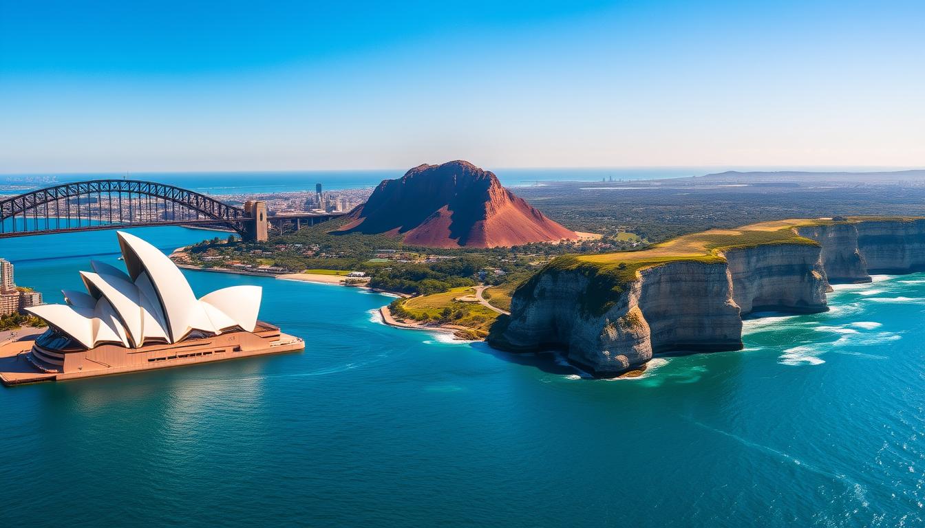 A breathtaking panorama of Australia's iconic landmarks, bathed in the warm glow of the sun. In the foreground, the majestic Sydney Opera House stands tall, its distinctive white sails reflecting the azure waters of the harbor. Beyond, the towering silhouette of the Sydney Harbour Bridge spans the inlet, connecting the city skyline. In the middle ground, the sandstone monolith of Uluru rises majestically, its surface etched with the ancient stories of the Aboriginal people. In the distance, the lush, verdant landscapes of the Twelve Apostles along the Great Ocean Road stretch out, their dramatic limestone cliffs and crashing waves creating a picturesque coastal scene. A sense of adventure and wonder permeates the image, inviting the viewer to explore the diverse wonders of this captivating continent.