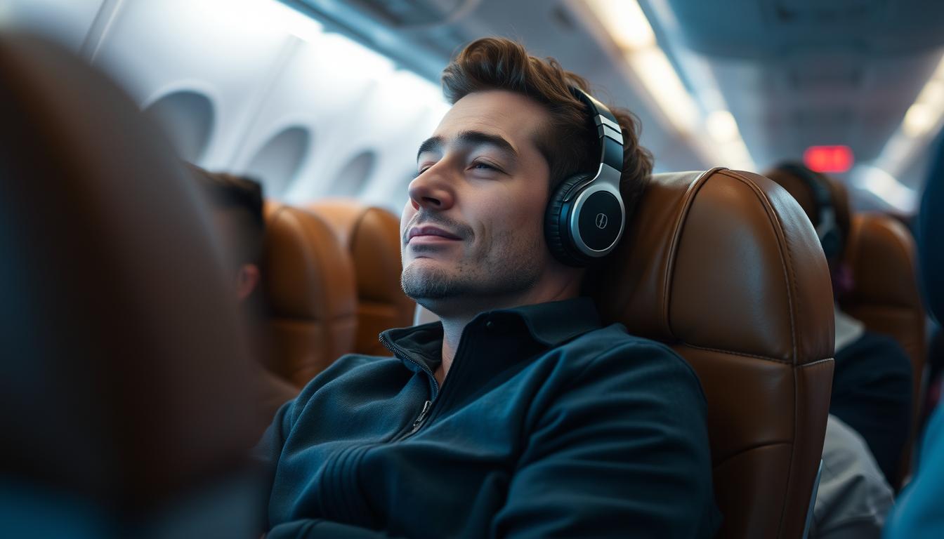 Generate an image of a person wearing noise-cancelling headphones on a plane.