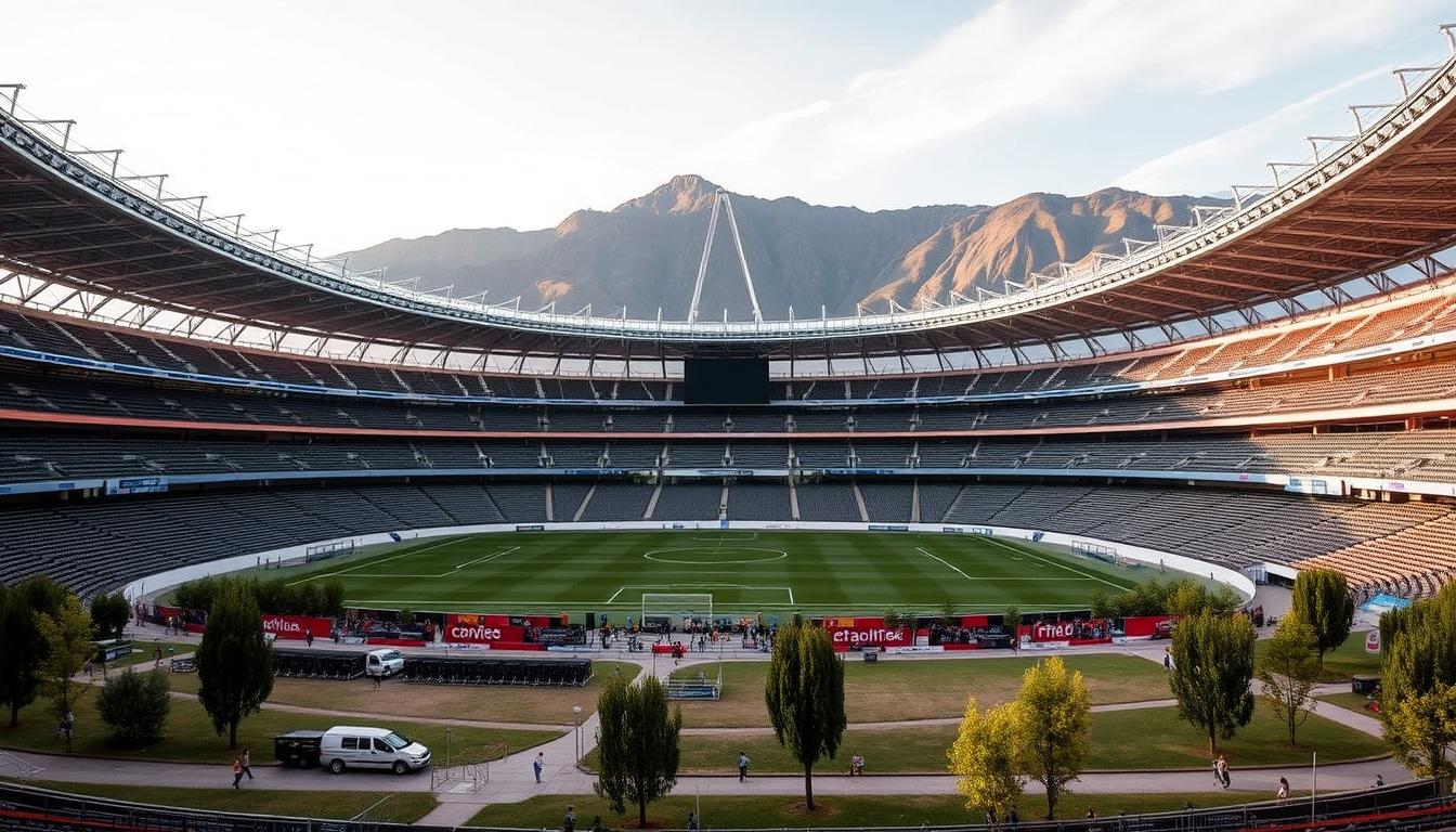 Generate an image of Estadio BBVA in Monterrey, nicknamed &quot;The Steel Giant,&quot; with its innovative design and mountain views, ready to host World Cup matches.