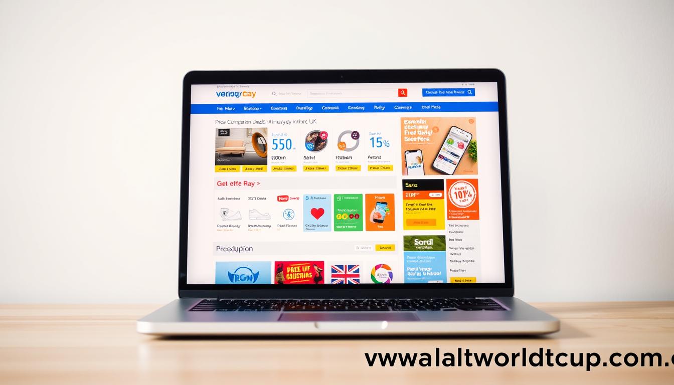 a vibrant, high-contrast image of a laptop screen displaying various price comparison websites and money-saving deals in the UK, set against a clean, minimalist background. The foreground features a desktop or mobile device with a price comparison site open, showcasing a variety of products and services with highlighted discounts and special offers. The middle ground includes various icons, infographics, and visual elements that convey the concept of saving money through price comparison. The background is a soft, neutral tone that allows the on-screen content to take center stage. The overall mood is one of efficiency, savings, and digital optimization. The website &quot;www.travelandworldcup.com&quot; is displayed prominently in the bottom right corner.