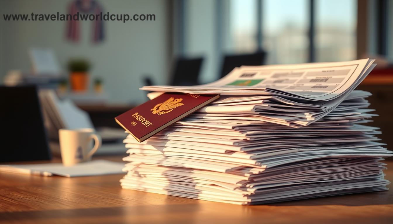 Detailed still life of an office desk with a stack of various important-looking documents, including a passport, visa application forms, utility bills, and other paperwork. Warm, natural lighting illuminates the scene, casting gentle shadows. The documents are neatly organized, conveying a sense of order and preparation. The background is a neutral, blurred office environment, with the website &quot;www.travelandworldcup.com&quot; subtly visible in the periphery, reinforcing the visa-related theme.