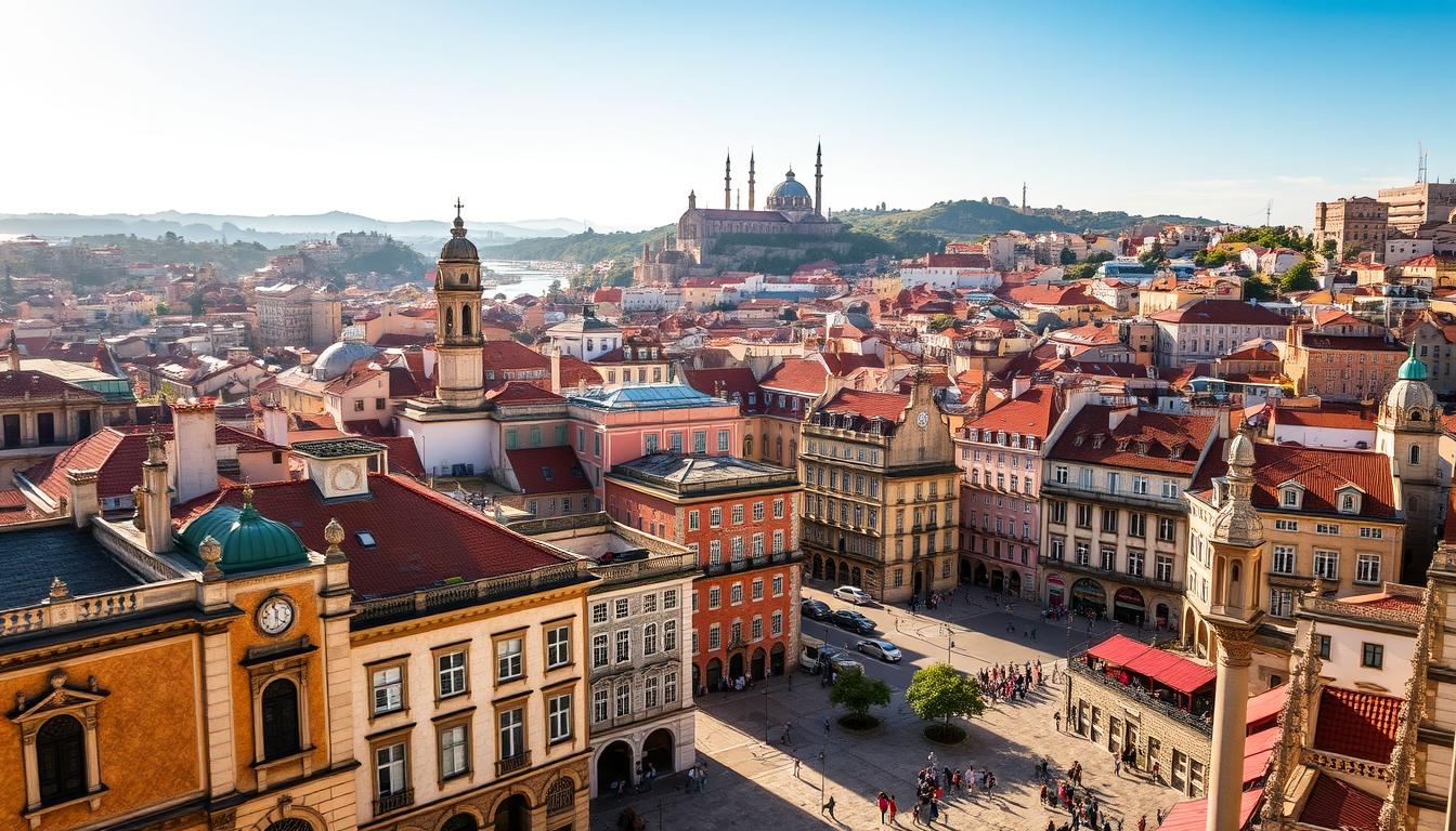 Sprawling cityscapes of Portugal, where ancient Manueline architecture and modern icons coexist in harmonious contrast. Weathered stone facades, ornate windows, and intricate carvings create a captivating tapestry of the past. Soaring spires and domes punctuate the skyline, casting long shadows across cobblestone streets. Vibrant plazas bustling with local life, a fusion of tradition and innovation. Warm sunlight filters through the air, illuminating the rich cultural tapestry that defines Portugal's architectural heritage. Capture the essence of this captivating blend of old and new, where history and modernity intertwine to form a unique and enchanting visual narrative.