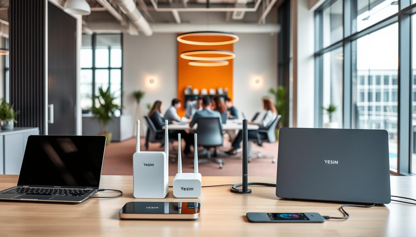 A modern and sleek corporate office interior with large windows providing ample natural lighting. In the foreground, a neatly organized desk with a laptop, a wireless charging pad, and various connectivity accessories from the &quot;Yesim Connectivity Solutions&quot; brand, including a high-speed router, a range extender, and a multi-port USB hub. The middle ground features a group of employees collaborating around a conference table, all connected seamlessly through Yesim's reliable network infrastructure. In the background, the office space is accentuated by minimalist decor, vibrant accent walls, and modern lighting fixtures, creating a professional yet inviting atmosphere conducive to productive work.