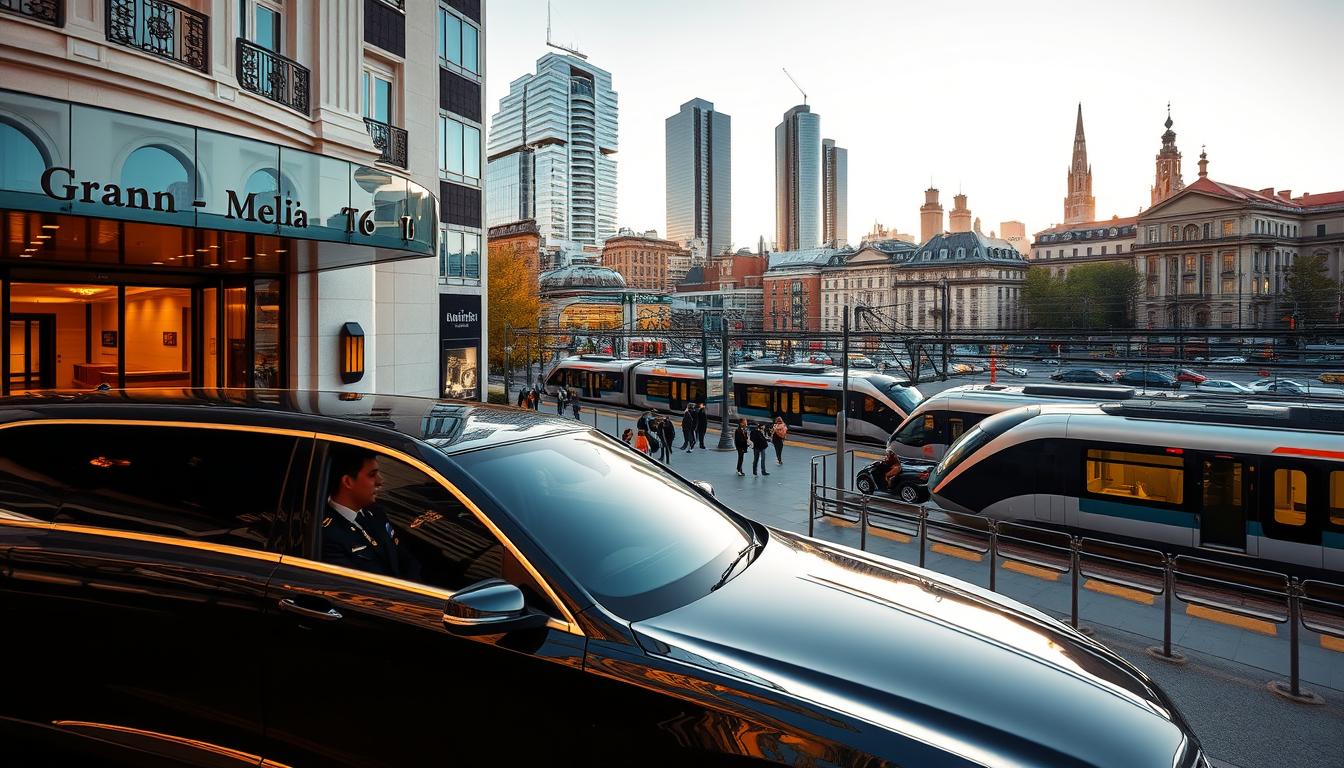 A grand, opulent hotel entrance surrounded by a bustling, cosmopolitan Madrid cityscape. The foreground showcases a luxurious limousine with a uniformed driver, its sleek lines and gleaming chrome signifying high-end transportation. In the middle ground, a modern, well-connected train station with glass-walled platforms, bustling with commuters. The background features the iconic architecture of Madrid, including soaring skyscrapers and historic landmarks, bathed in warm, golden afternoon light. The overall atmosphere exudes a sense of elegance, efficiency, and seamless connectivity, reflecting the prime accessibility and transport links of the gran meliá hotel.