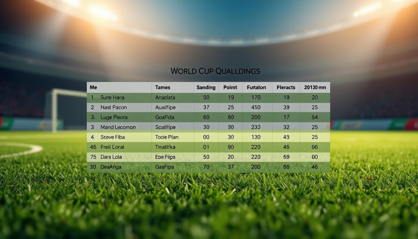 A high-resolution, photorealistic image of a detailed table displaying the current World Cup qualification standings. The table is set against a background of a soccer pitch, with a green grass texture and realistic lighting that casts a warm, natural glow across the scene. The standings are presented in a clear, easy-to-read format, with team names, points, and other relevant statistics arranged in a clean, well-organized layout. The overall composition conveys a sense of authority and professionalism, suitable for a news article on the topic of World Cup qualification.