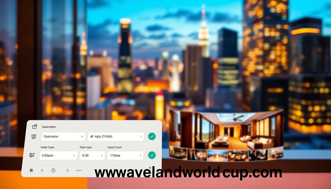 A modern and visually appealing hotel search interface with intuitive controls and a clean layout. In the foreground, a series of search options including destination, travel dates, room type, and guest count, displayed on a sleek, minimalist dashboard. The middle ground features a large, high-resolution hotel image carousel, showcasing luxurious accommodations. In the background, a blurred cityscape with towering skyscrapers and a vibrant nighttime skyline, creating a sense of urban sophistication. Warm, soft lighting casts a cozy, inviting atmosphere. The branding &quot;www.travelandworldcup.com&quot; is subtly integrated into the design.