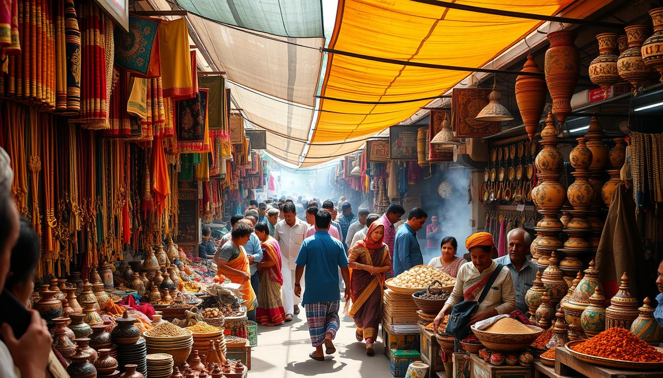 A bustling outdoor market in the heart of India, filled with vibrant colors, intricate textiles, and the lively chatter of eager shoppers. Rows of stalls offer a treasure trove of handcrafted jewelry, ornate pottery, and spice-filled baskets, beckoning visitors to explore the rich cultural tapestry. Sunlight filters through the canopy, casting a warm glow on the scene, where haggling and negotiation are as much a part of the experience as the purchases themselves. The air is alive with the scents of exotic incense and sizzling street food, creating an immersive atmosphere that transports the viewer to the captivating world of Indian shopping.