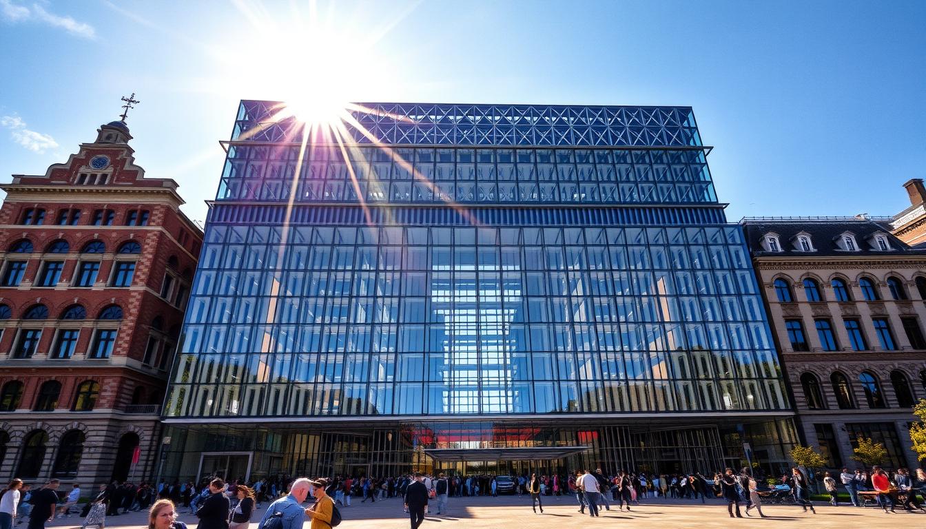 Imposing Dutch masterpiece of architectural innovation, a grand facade of glass and steel, soaring into the sky. Sleek, modern lines juxtapose with historic brick and stone, creating a dynamic interplay of old and new. Sunlight filters through intricate latticework, casting dynamic shadows that dance across the building's surface. In the foreground, a bustling plaza filled with people marveling at this iconic structure, a testament to the country's forward-thinking design. Capture the bold, ambitious spirit of Dutch architecture, blending tradition and modernity into a breathtaking visual symphony.