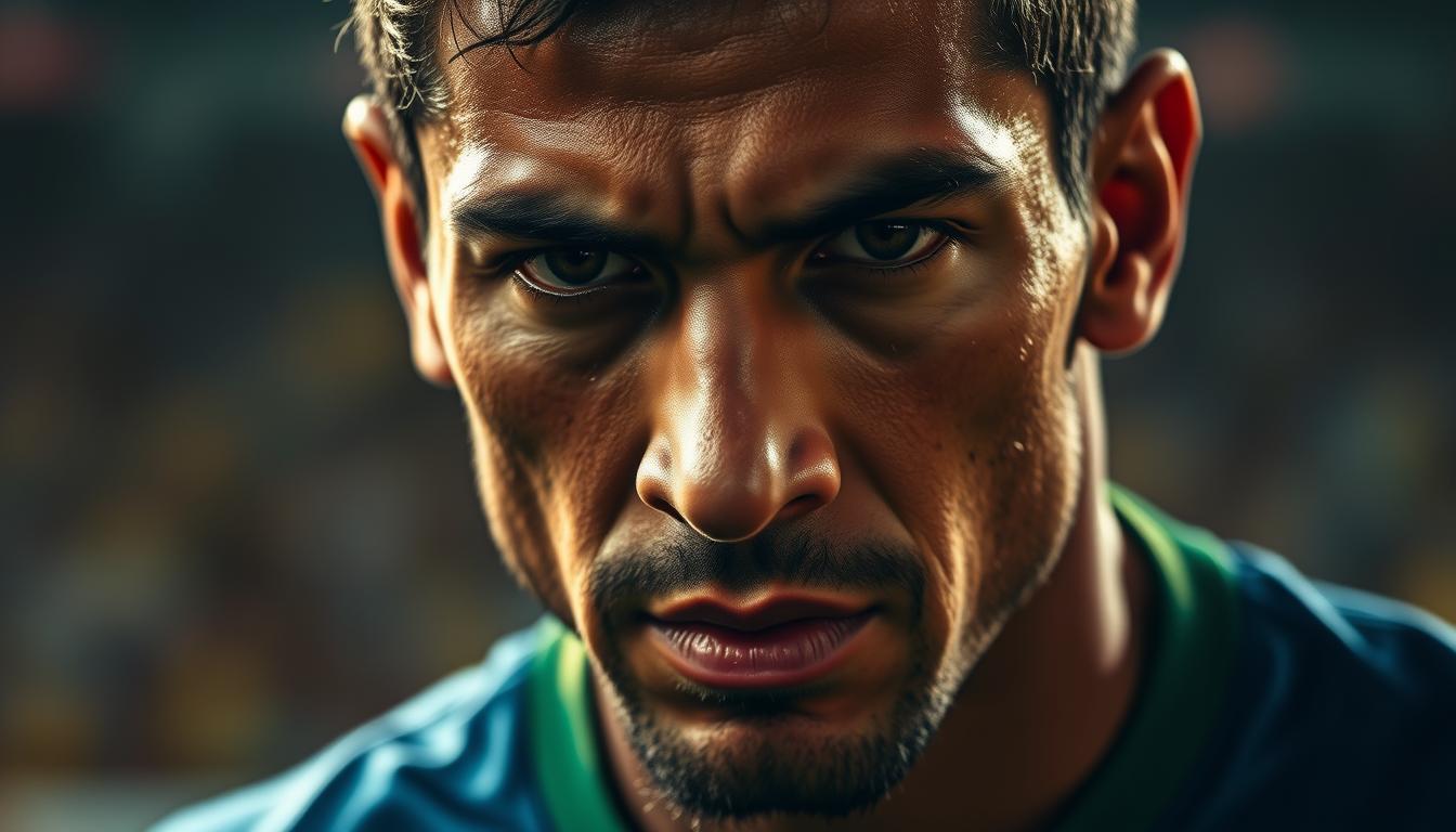 A close-up portrait of a Brazilian soccer player, his expression a mix of intense focus and subdued emotion. The lighting casts dramatic shadows, accentuating the player's chiseled features and the determined set of his jaw. In the background, a blurred field of play suggests the high-stakes environment of the World Cup. The player's eyes convey a sense of determination, tempered by the weight of expectation and the knowledge of past triumphs and disappointments. The overall tone is one of quiet intensity, capturing the psychological landscape of the Brazilian national team as they prepare to make their mark on the 2026 World Cup.