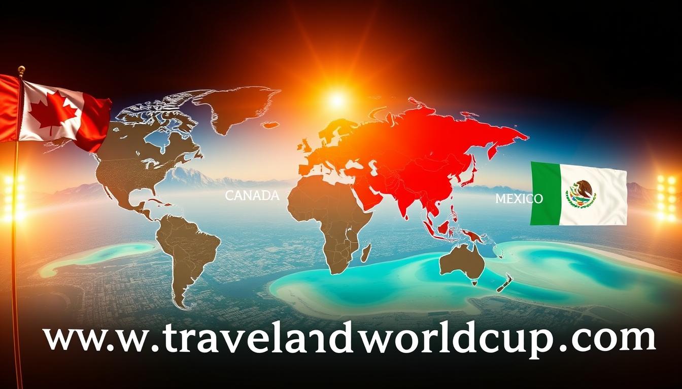 A panoramic view of the world map, featuring the host countries for the 2026 FIFA World Cup: Canada, the United States, and Mexico. The countries are prominently displayed, with vibrant colors and distinct borders. In the foreground, the iconic flags of the three nations flutter in the breeze, creating a sense of national pride and global unity. The middle ground showcases the diverse landscapes of the host countries, from the majestic Rocky Mountains to the sun-drenched beaches of the Caribbean. In the background, a warm, golden light illuminates the scene, casting a celebratory glow over the entire composition. The text &quot;www.travelandworldcup.com&quot; is subtly integrated into the design, adding a touch of authenticity and professionalism to the image.