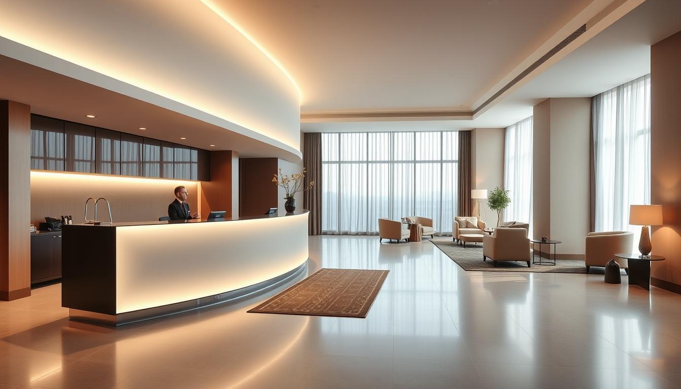 A modern hotel lobby with a clean, minimalist design. The reception desk is prominently featured, with a sleek, backlit counter and a concierge standing ready to assist guests. The space is flooded with natural light from large windows, creating a warm and inviting atmosphere. In the background, a simple yet elegant seating area with plush sofas and chairs invites visitors to relax. The overall impression is one of efficiency, comfort, and attention to detail - the perfect setting for booking a hotel stay through an online platform like Hotellook.
