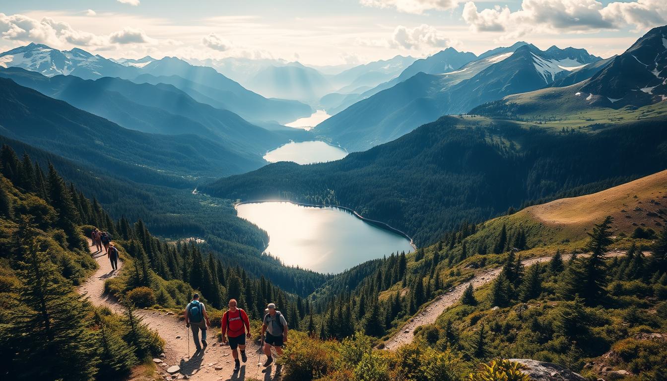 A majestic vista of a national park's hiking trails, winding through lush, verdant forests and over rolling hills. Sunlight filters through the canopy, casting a warm, golden glow on the rugged terrain. Hikers in the foreground traverse the well-marked path, their backpacks and hiking gear visible. In the middle ground, the trail winds around a serene lake, its calm waters reflecting the surrounding landscape. Towering, snow-capped peaks rise in the distance, creating a breathtaking backdrop. The scene conveys a sense of adventure, tranquility, and the awe-inspiring beauty of the great outdoors. Captured with a wide-angle lens to showcase the grandeur of the setting. https://www.travelandworldcup.