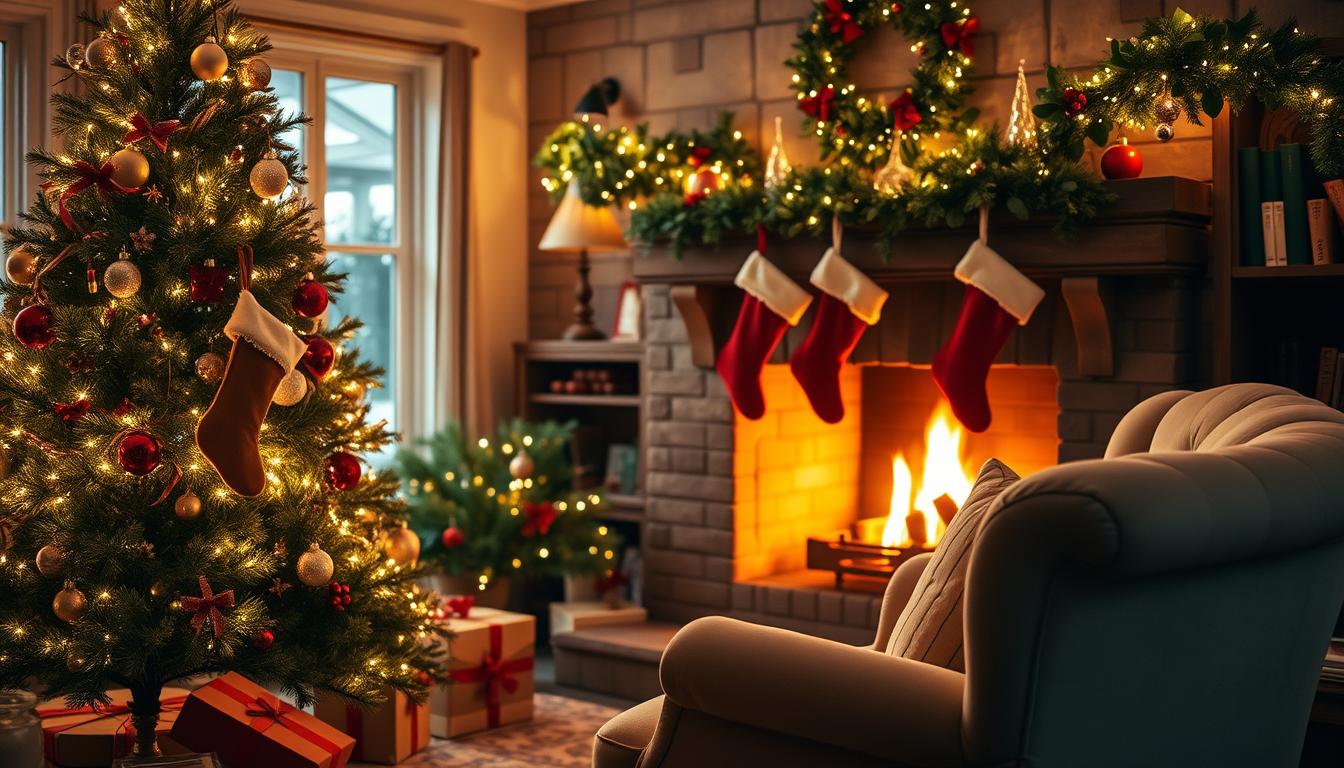 A cozy holiday home adorned with a twinkling Christmas tree, garlands of holly, and a crackling fireplace in the background. Soft, warm lighting illuminates the scene, casting a festive glow. Stockings hang from the mantel, and a plush, velvet armchair sits nearby, inviting you to curl up and enjoy the season. www.travelandworldcup.com