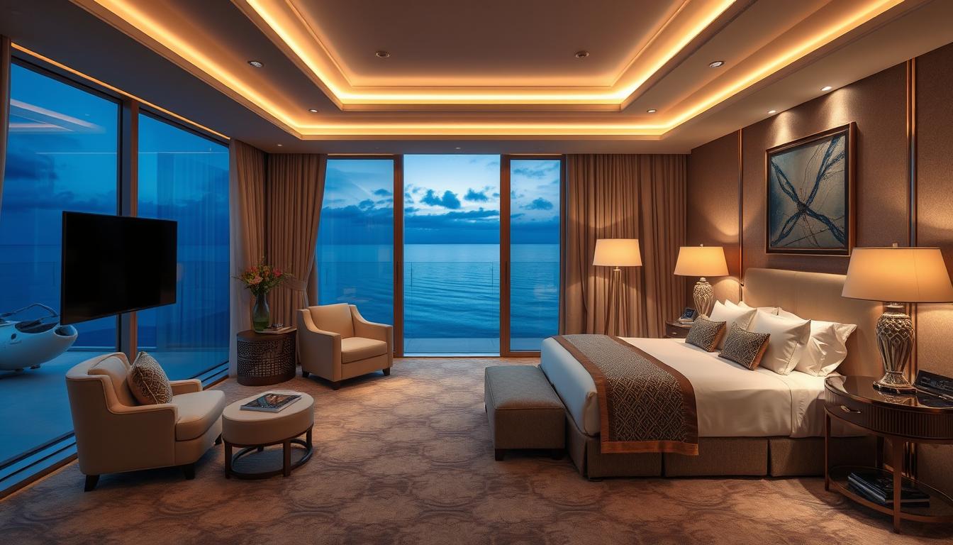 Generate an image of a luxurious hotel room with a sea view.