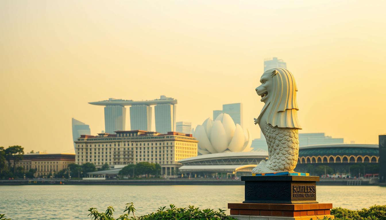 A picturesque panorama of Singapore's historic landmarks, bathed in warm, golden light. In the foreground, the iconic Merlion statue stands tall, its mythical figure gazing out over the serene harbor. Behind it, the grand façade of the Raffles Hotel commands attention, its colonial-era architecture reflecting in the calm waters. Further back, the towering structure of the ArtScience Museum dominates the skyline, its unique, lotus-inspired design a testament to the city's architectural prowess. The sky above is a soft, hazy blue, complementing the lush greenery that surrounds the scene. The overall mood is one of tranquility and cultural sophistication, capturing the essence of Singapore's historic charm.