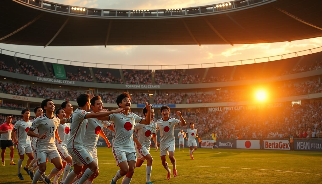 Sweeping panoramic view of a soccer stadium at sunset, with the words "Tourism and the World Cup" emblazoned across the facade. In the foreground, a group of Japanese national team players celebrating a hard-fought victory, their faces alight with joy and determination. The midfield is a blur of motion, players in crisp uniforms hustling to maintain possession. In the background, fans in the stands erupt in thunderous applause, their flags and banners waving proudly. The lighting is warm and golden, casting a celebratory glow over the entire scene. The camera angle is dynamic, capturing the energy and excitement of the moment as Japan seizes their place in the 2026 World Cup.