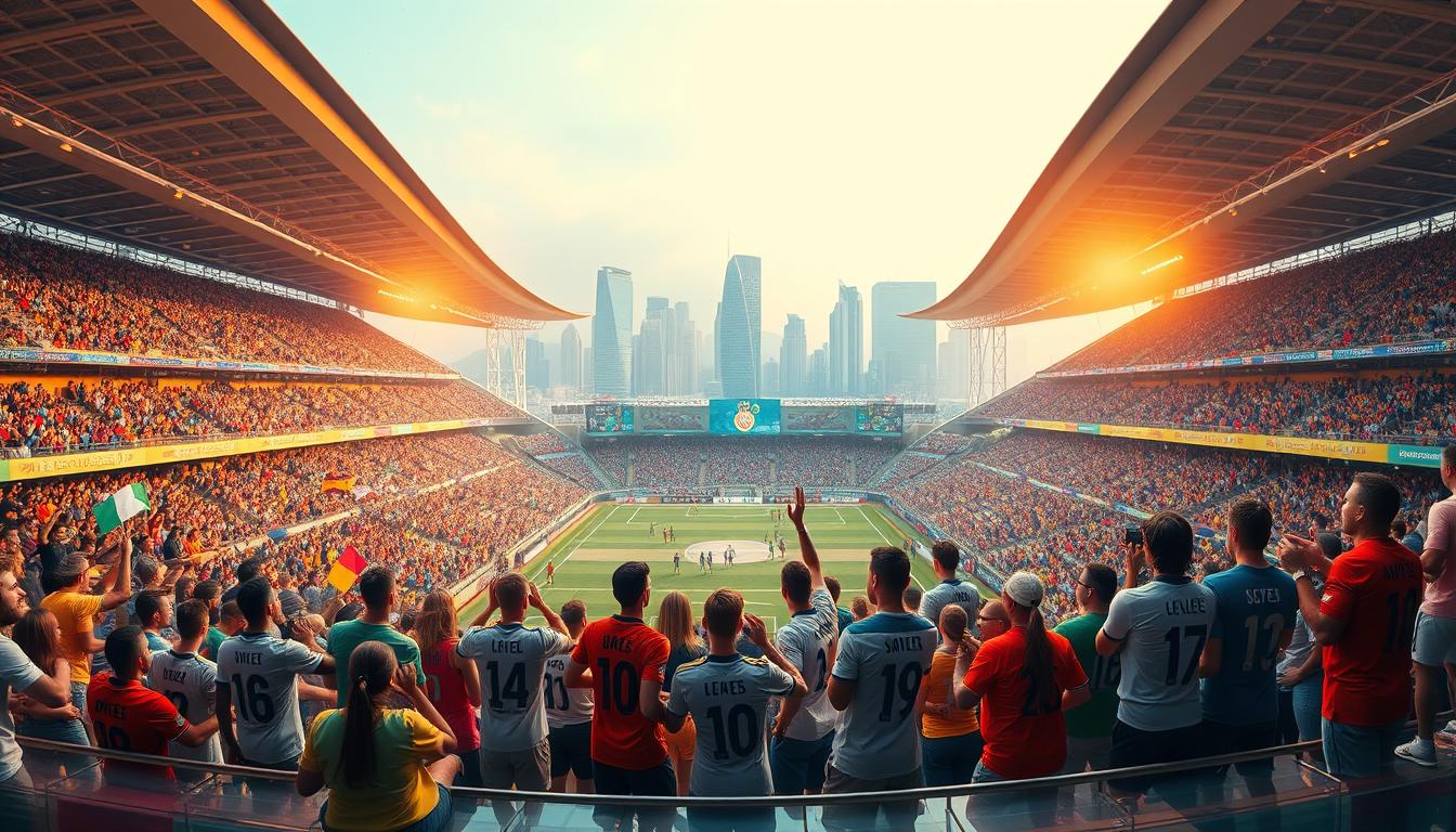 A vibrant, panoramic scene depicting global football trends in 2026. In the foreground, a group of diverse, enthusiastic fans dressed in colorful team jerseys cheer passionately. Scattered among them, professional players showcase the latest technical innovations in gear and equipment. The middle ground features a dynamic, high-angle view of a bustling, futuristic football stadium, its sleek, curved architecture and intelligent lighting system reflecting the advancements in stadium design. In the background, a cityscape of gleaming skyscrapers and modern infrastructure symbolizes the global reach and impact of the sport. Warm, golden lighting casts a hopeful, celebratory mood, complemented by a subtle haze that adds depth and atmosphere. www.travelandworldcup.com