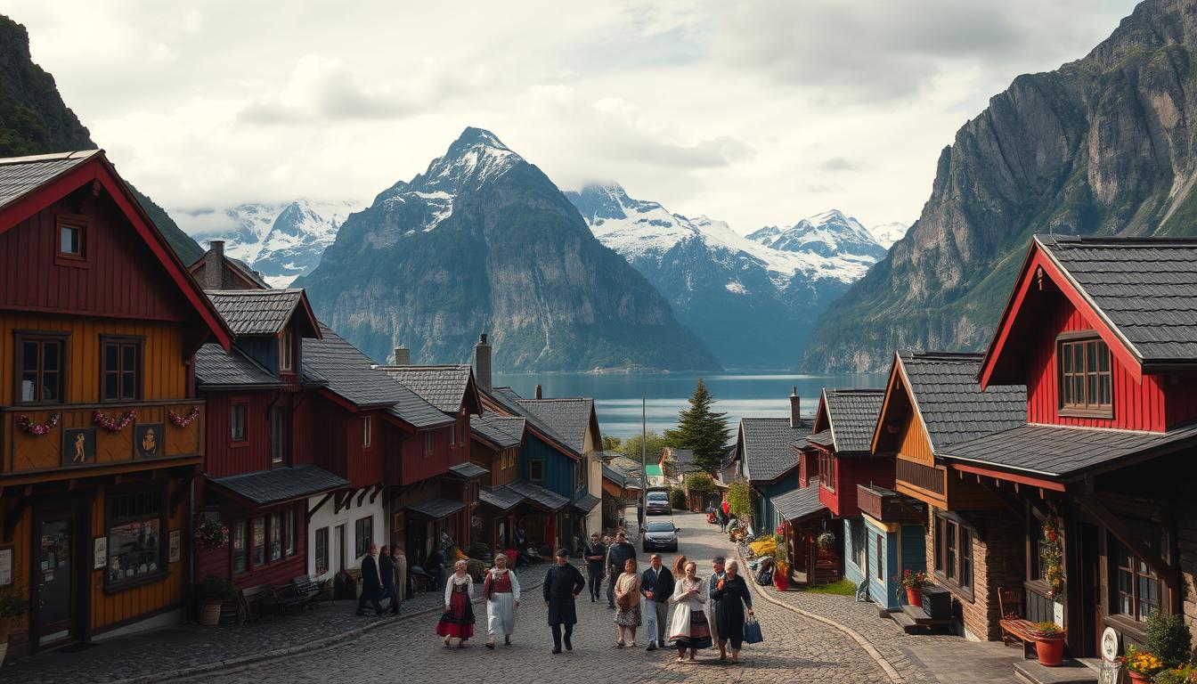 A bustling village nestled in the heart of Norway's fjordlands, surrounded by towering mountains and cascading waterfalls. In the foreground, colorful wooden houses with traditional architecture line the cobblestone streets, their facades adorned with intricate carvings and vibrant Nordic patterns. In the middle ground, locals engage in time-honored cultural activities, such as weaving, woodworking, and traditional folk dancing, their vibrant costumes and lively movements capturing the essence of Norwegian heritage. The background is dominated by the majestic fjords, their deep blue waters reflecting the rugged, snow-capped peaks that tower above, creating a breathtaking, cinematic landscape that evokes a sense of awe and wonder.