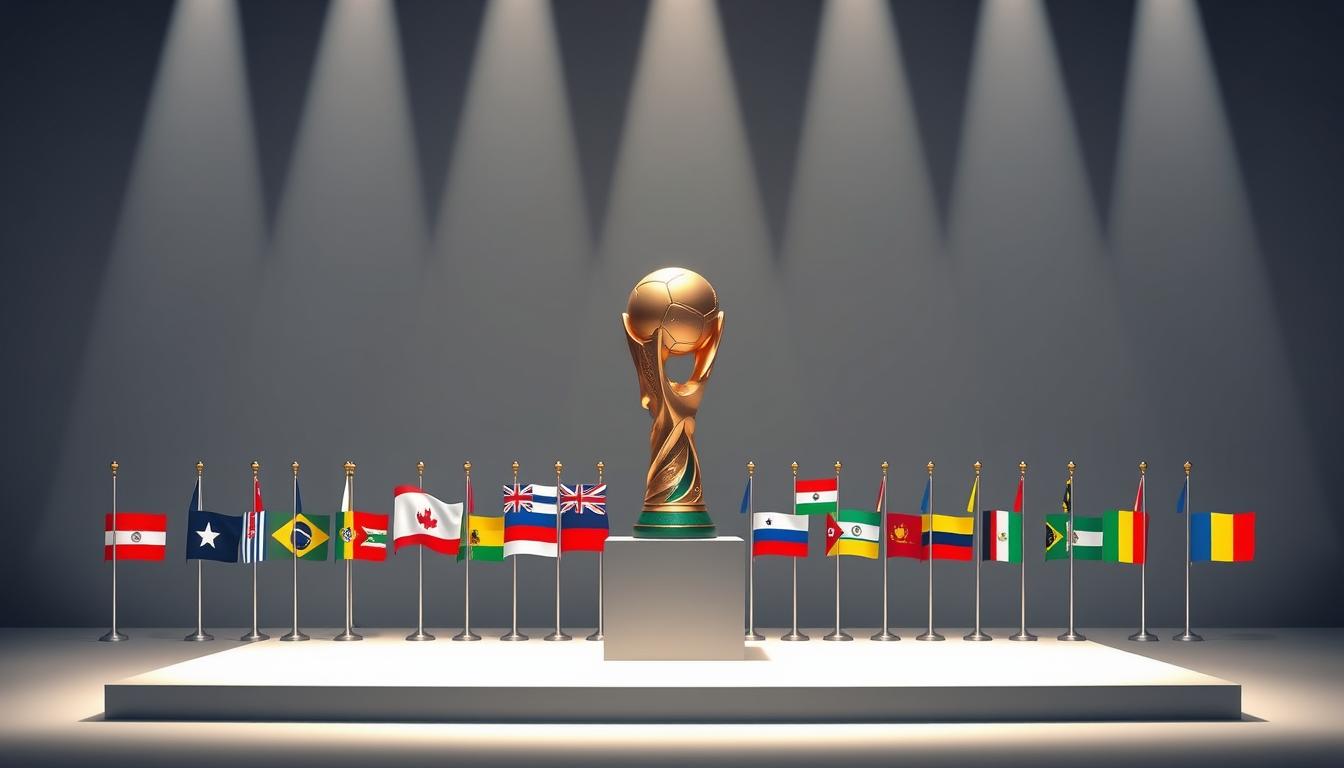 A captivating illustration of the evolving FIFA World Cup format, showcasing the dramatic expansion to 48 teams for the 2026 edition. A sleek, minimalist design with clean lines and bold colors sets the stage. In the foreground, a dynamic arrangement of national team flags, symbolizing the increased global representation. The middle ground features a stylized rendering of the iconic World Cup trophy, reflecting the prestigious legacy of the tournament. The background subtly incorporates geometric shapes and patterns, conveying the complex logistical and organizational challenges of this expanded format. Soft, directional lighting creates a sense of depth and drama, while a slightly muted color palette evokes a sense of anticipation and intrigue. www.travelandworldcup.com
