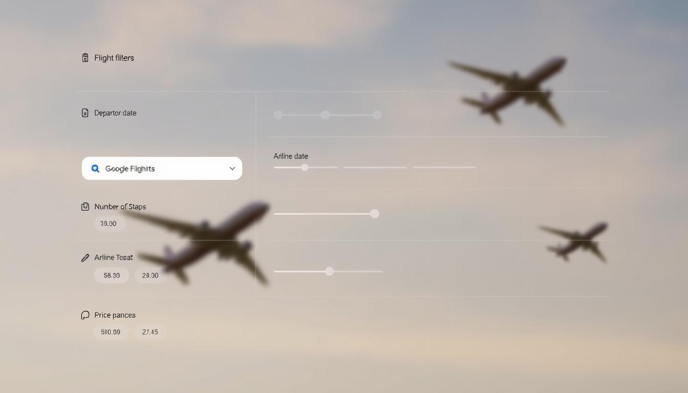 A clean, minimalist interface with an array of intuitive flight filters and settings. Crisp, high-resolution display showcasing various options like departure/arrival dates, number of stops, airline preferences, and price ranges. Sleek icons and a modern, user-friendly layout invite effortless navigation. Soft, neutral tones create a calming ambiance, while subtle textures and gradients add depth. Centered in the frame, the interface is showcased against a blurred background of planes taking flight, a nod to the www.travelandworldcup.com website's focus. Overall, a visually striking and highly functional filter system to elevate the Google Flights experience.
