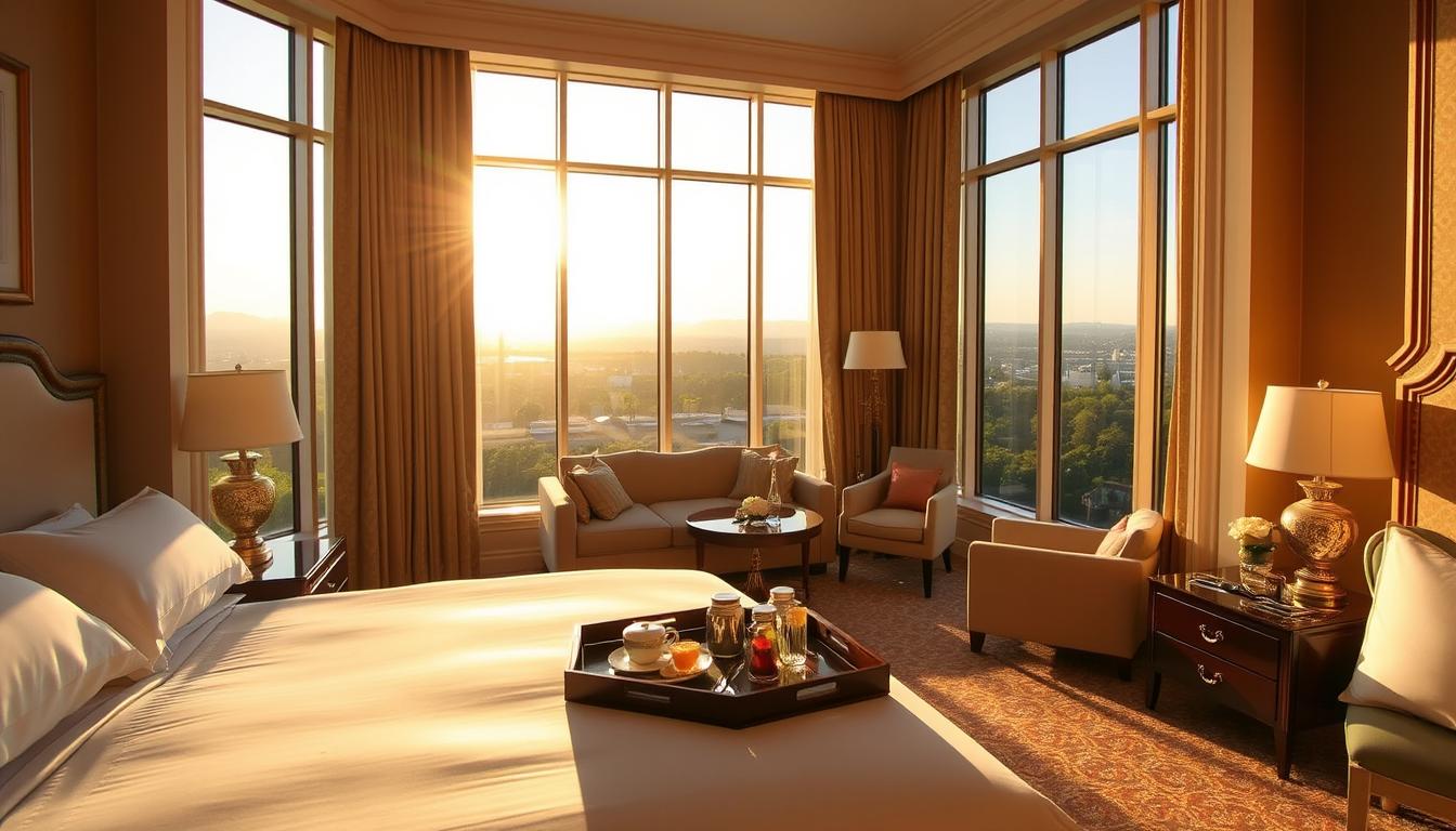 A luxurious Sofitel hotel suite overlooking a serene landscape, bathed in warm, golden sunlight filtering through large, elegant windows. The foreground features a plush, king-size bed with crisp, white linens and an ornate headboard. On the bedside tables, there are stylish lamps and a tray with a selection of gourmet refreshments. In the middle ground, a cozy seating area with a plush sofa and armchair, complemented by a polished, wooden coffee table. The background showcases a picturesque view of a lush, verdant garden or a breathtaking cityscape. The overall atmosphere exudes sophistication, comfort, and the promise of an exceptional Sofitel luxury stay experience.