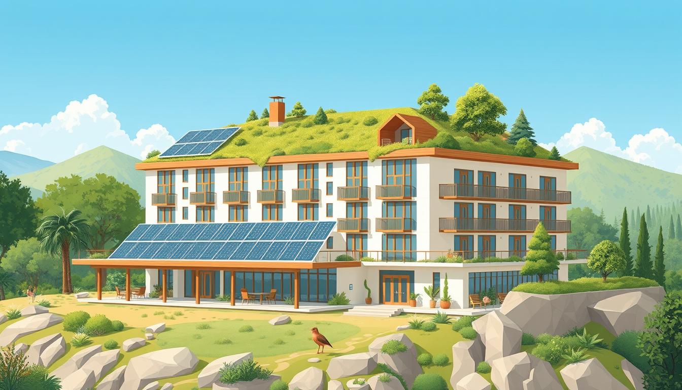 Image of an eco-friendly hotel with solar panels and a green roof
