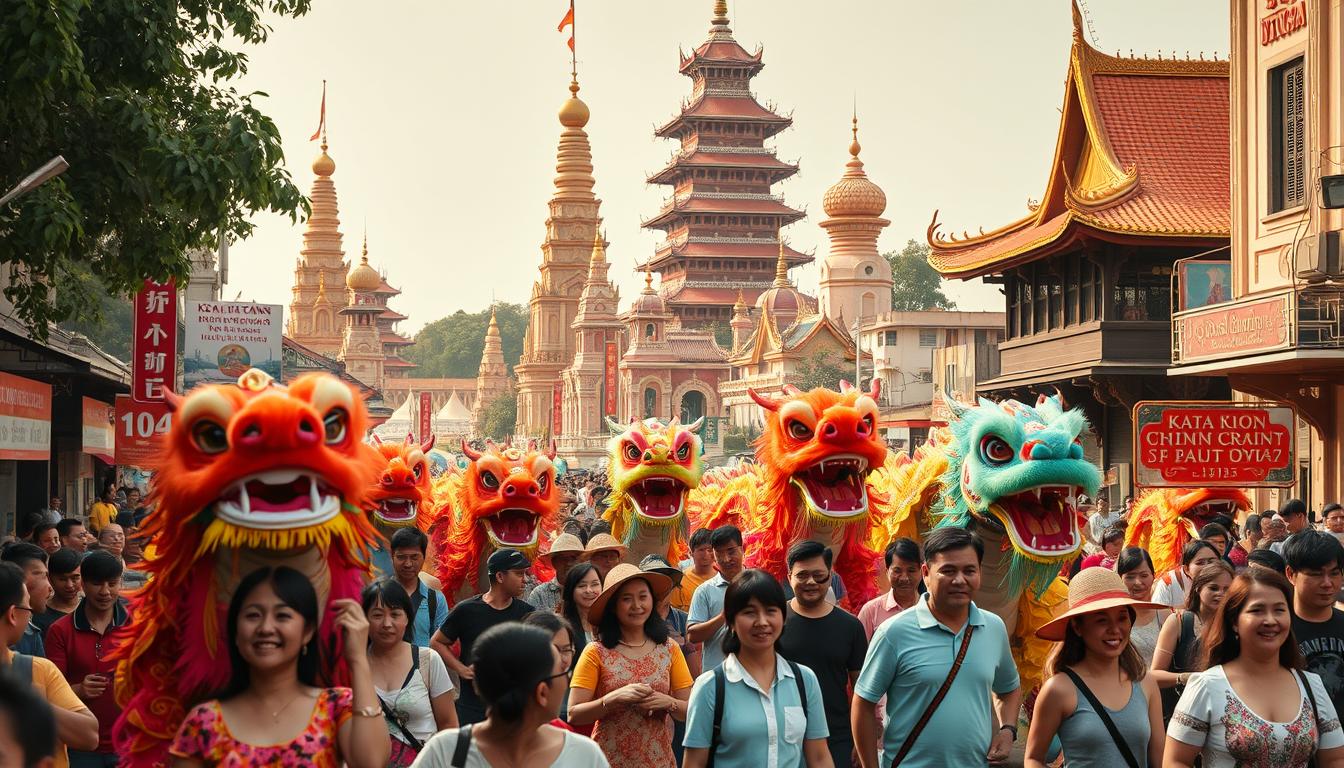 A vibrant street scene in Vietnam, bustling with colorful festivals and cultural events. In the foreground, a lively procession of costumed performers, dragons, and musicians parading through the streets, their vibrant costumes and energetic movements capturing the celebratory atmosphere. In the middle ground, a crowd of locals and tourists alike, their faces alight with joy and excitement as they witness the spectacle. In the background, ornate temples and pagodas, their intricate architecture and ornate details providing a stunning backdrop to the festivities. Warm, golden lighting bathes the scene, creating a sense of warmth and energy, while a wide-angle lens captures the full breadth and grandeur of the event.