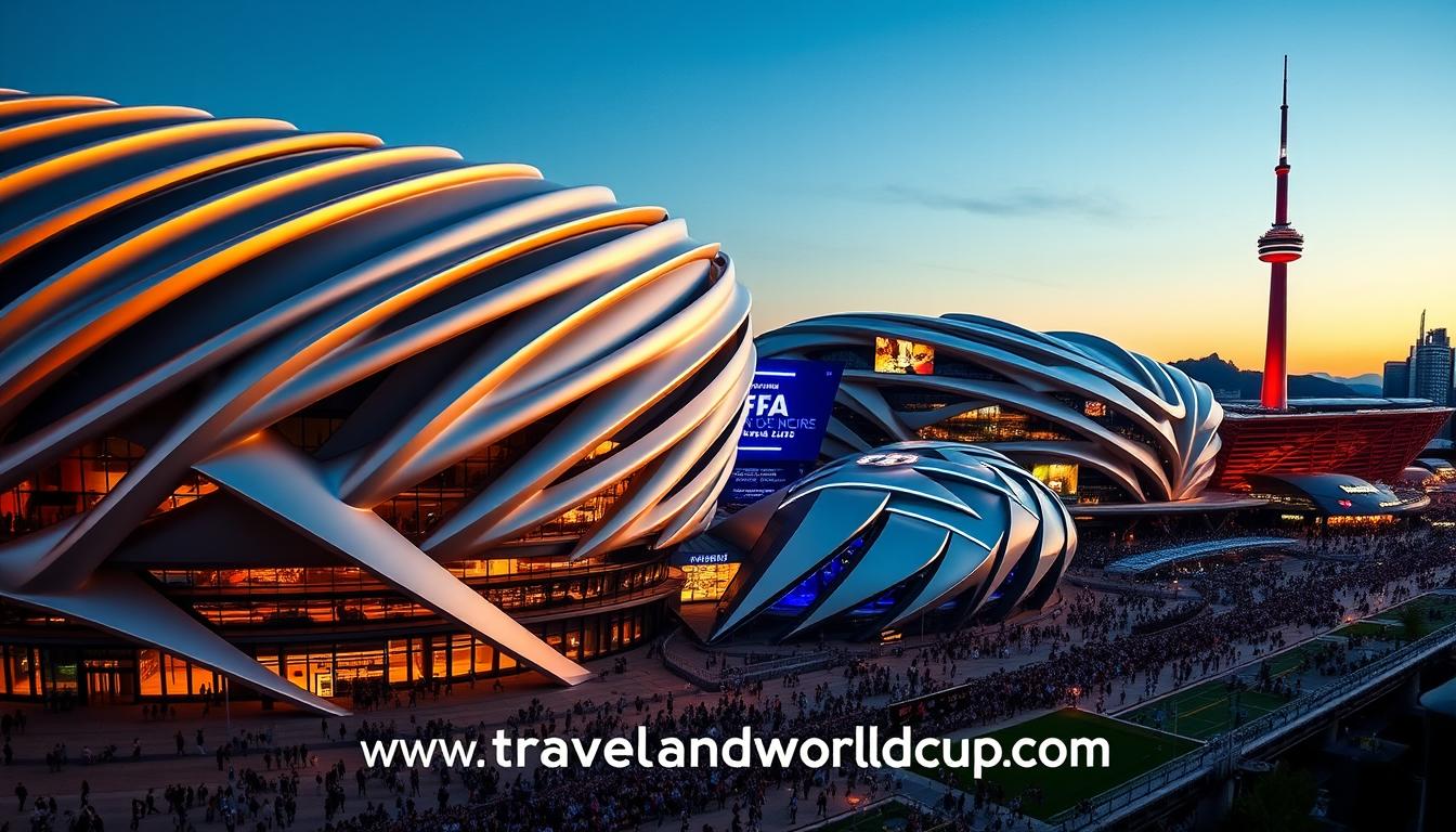 Detailed host city stadiums for the 2026 FIFA World Cup, photographed from an elevated angle. Majestic modern architecture with sleek, flowing lines and glass facades, bathed in warm evening light. Prominently featured are the iconic venues in New York City, Los Angeles, and Toronto, with their unique designs and dramatic settings. In the foreground, the bustling activity of fans and visitors gathering for the upcoming matches. Subtle branding &quot;www.travelandworldcup.com&quot; visible in the environment.