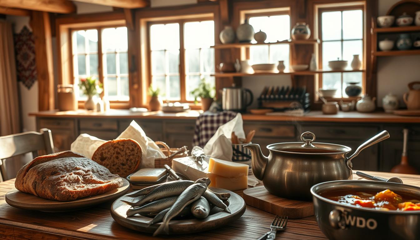 A cozy kitchen interior with a rustic Norwegian aesthetic. The foreground features a table laden with traditional Norwegian delicacies: freshly baked rye bread, smoked salmon, pickled herring, creamy brown cheese, and a steaming bowl of hearty fish stew. Sunlight streams in through large windows, casting a warm glow over the scene. In the background, wooden beams, patterned textiles, and shelves displaying Norwegian ceramics and cookware create a charming, homely atmosphere. The overall mood is one of comfort, tradition, and the celebration of Nordic culinary heritage.