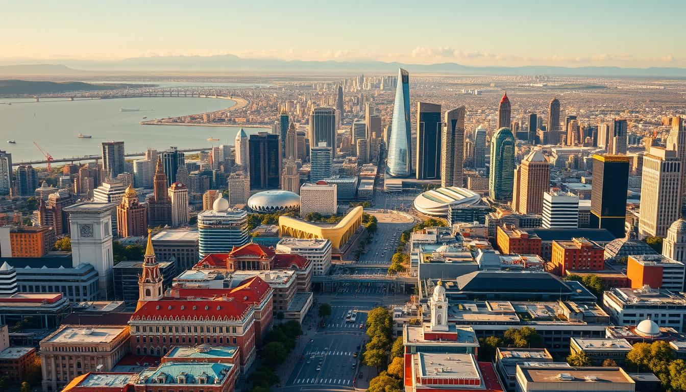A vibrant cityscape showcasing the host cities for the 2026 World Cup. In the foreground, iconic landmarks and bustling street scenes, capturing the local culture and charm. In the middle ground, modern stadiums and arenas standing tall, symbols of the global sporting event. The background features a panoramic view of the diverse landscapes, from coastal metropolises to inland hubs, all connected by a network of transportation. Warm lighting illuminates the scene, creating a welcoming and celebratory atmosphere. The image conveys the excitement and anticipation for the 2026 World Cup, highlighting the host cities beyond just the stadiums and inviting the viewer to explore the unique experiences they offer.
